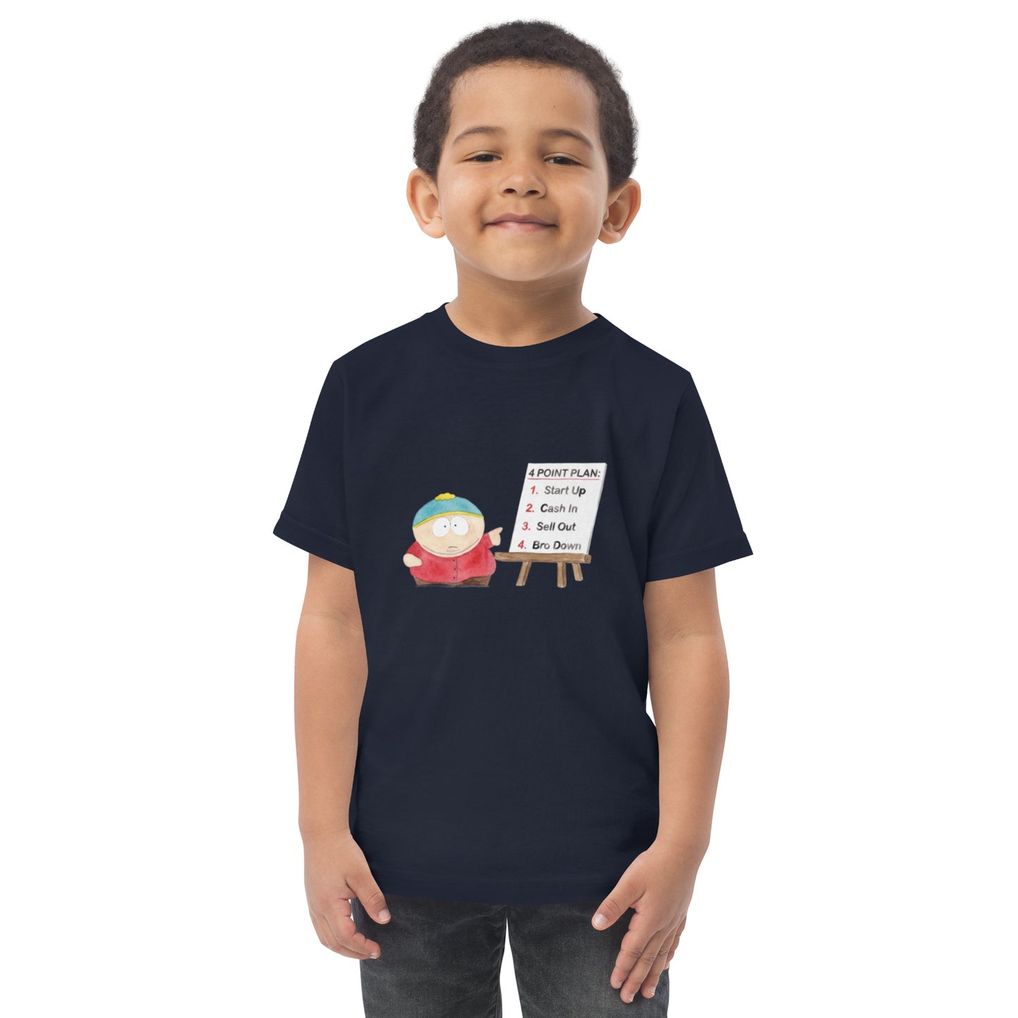 Toddler t-shirt with a numbered four-step business plan design ending in profit