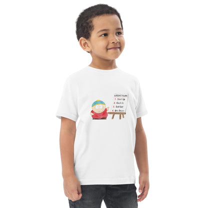 Toddler t-shirt with a numbered four-step business plan design ending in profit