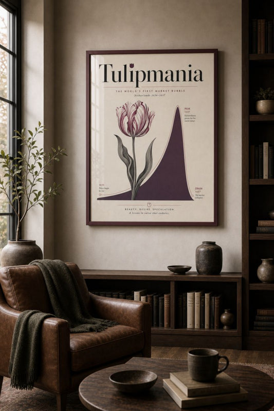 Matte poster with a botanical tulip illustration beside a price curve rising to a sharp peak, labelled Tulipmania Netherlands 1634 to 1637