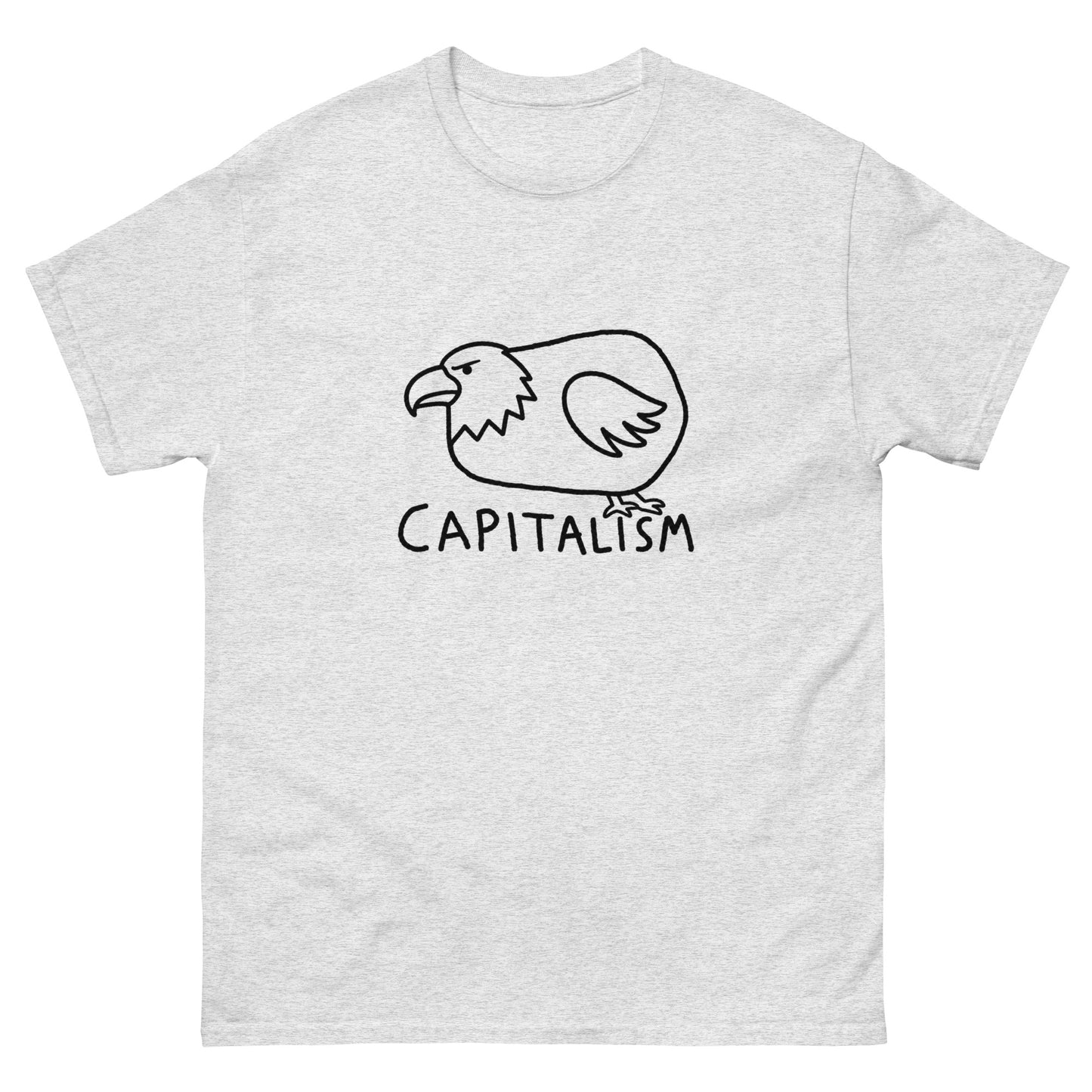 Chubby cartoon bald eagle illustration with "Capitalism" text on a unisex t-shirt