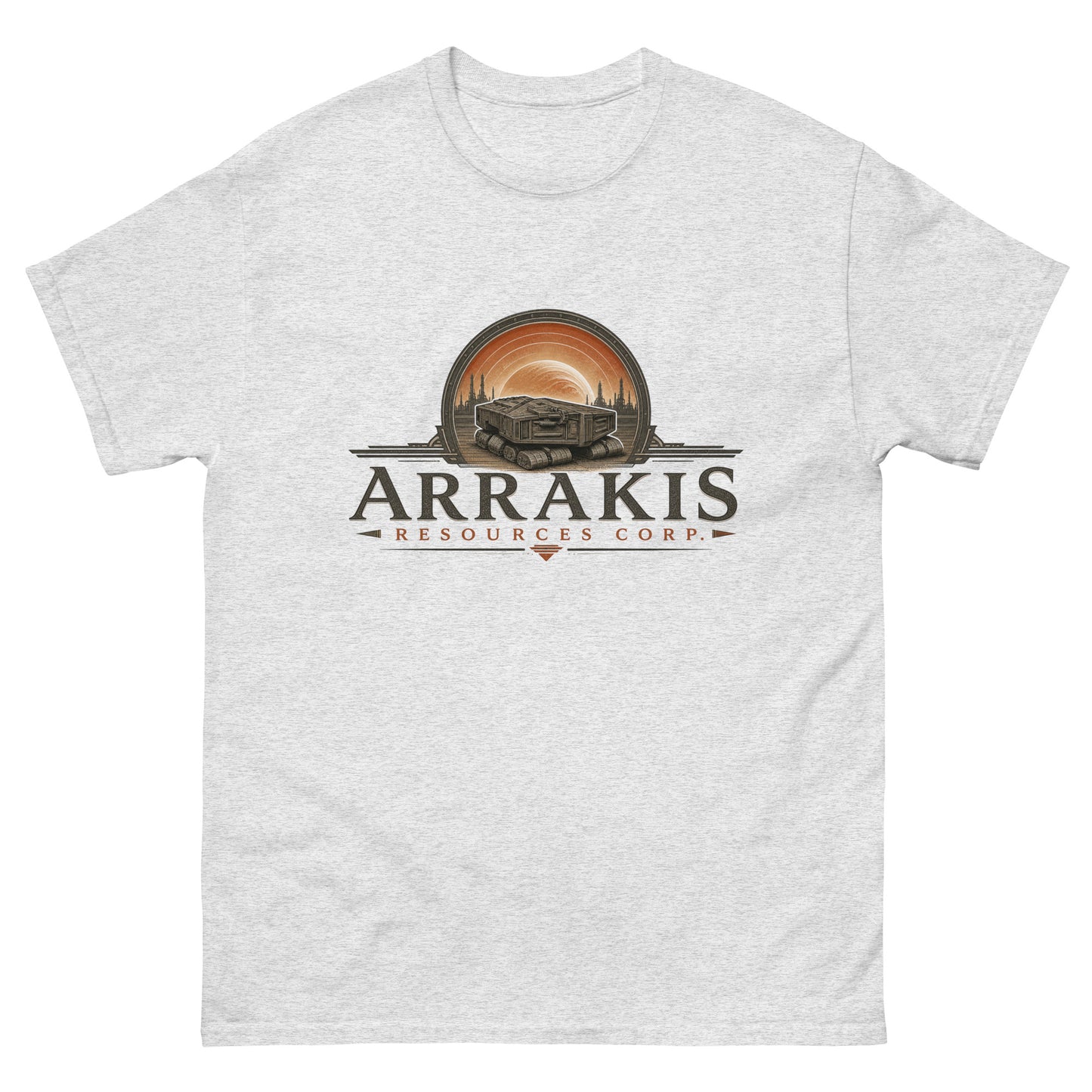 Unisex tee with an engraved industrial logo of a tracked mining crawler in front of a planet and refinery towers above serif lettering reading Arrakis Resources Corp