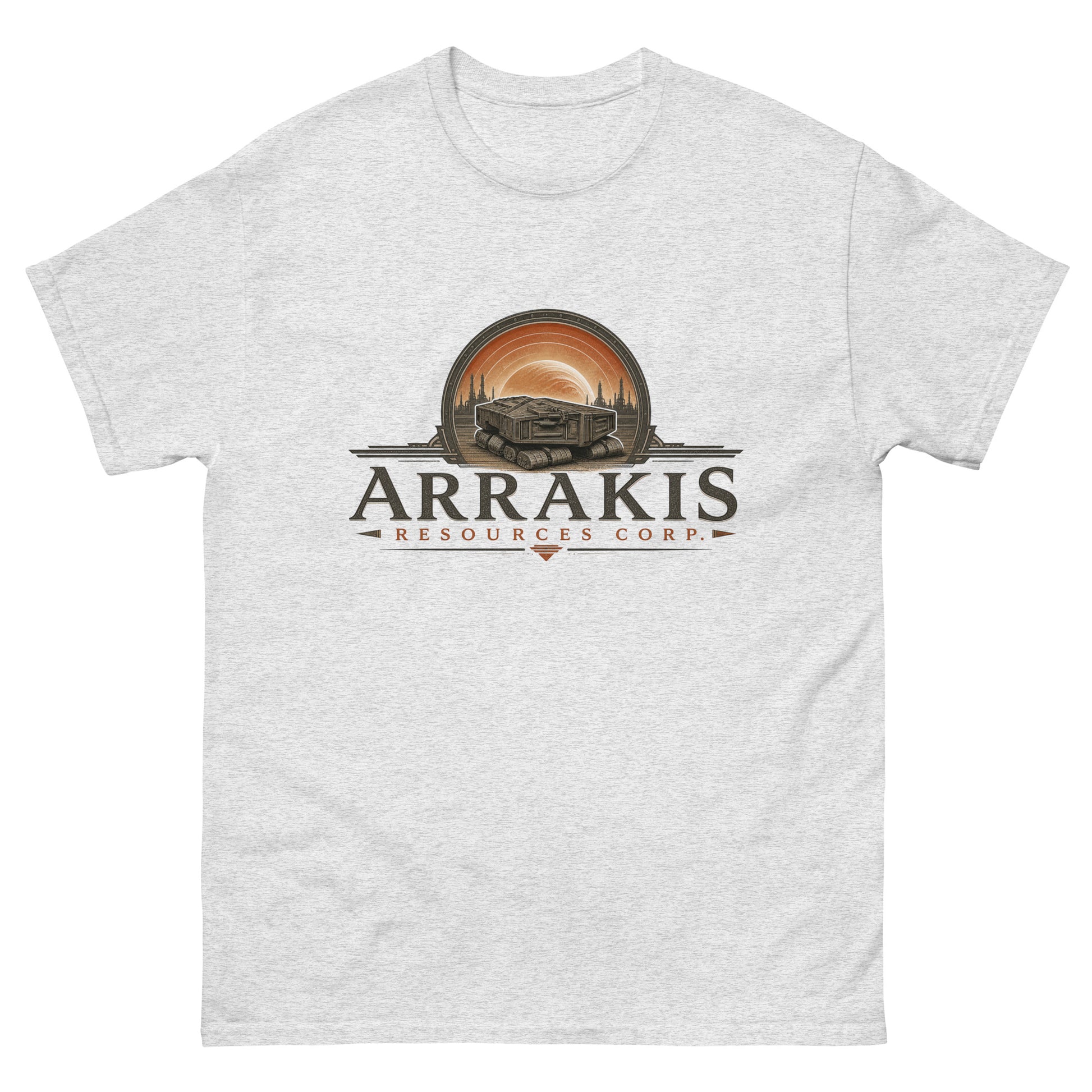 Unisex tee with an engraved industrial logo of a tracked mining crawler in front of a planet and refinery towers above serif lettering reading Arrakis Resources Corp