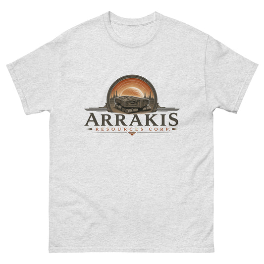 Unisex tee with an engraved industrial logo of a tracked mining crawler in front of a planet and refinery towers above serif lettering reading Arrakis Resources Corp