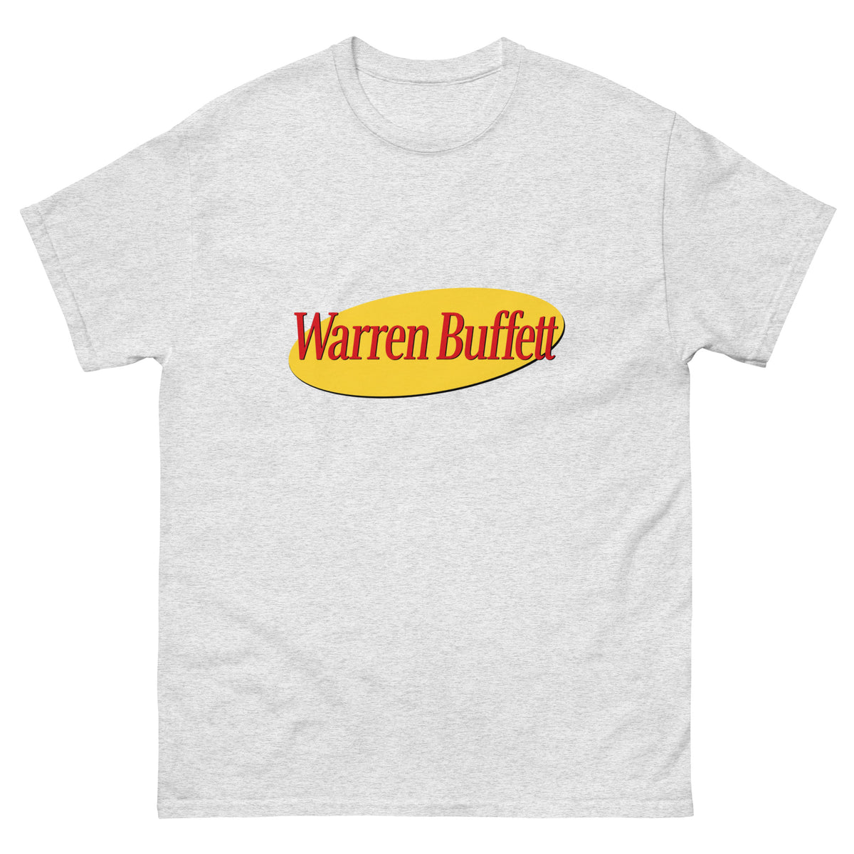 A t-shirt with a print on the chest depicting an oval shape containing the text Warren Buffett