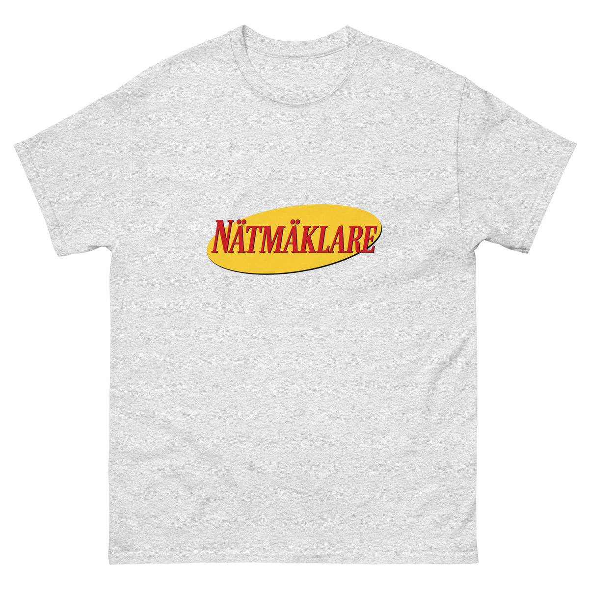 T-shirt med Nätmäklare-logga i röd retrotext på gul oval