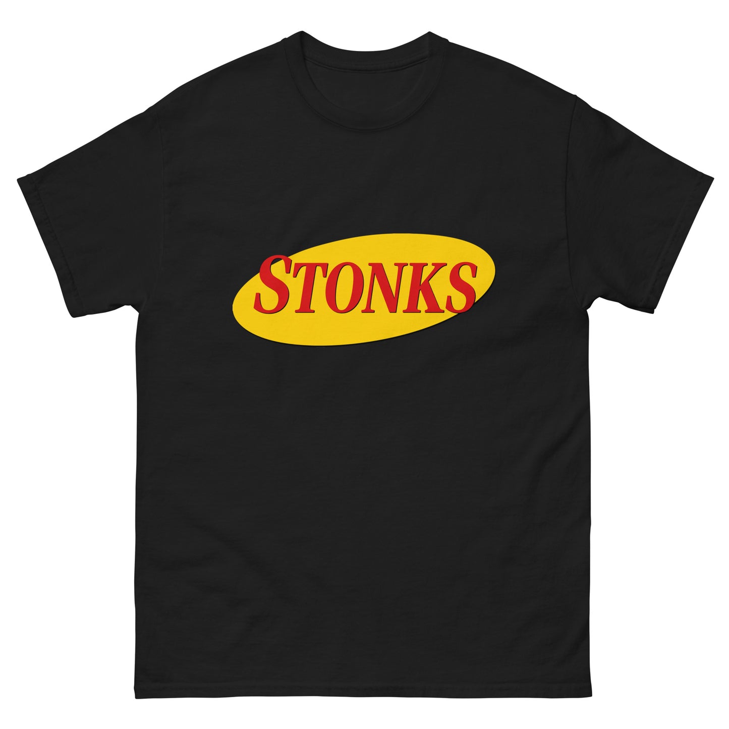 "STONKS" printed in Seinfeld-style lettering on a unisex cotton t-shirt