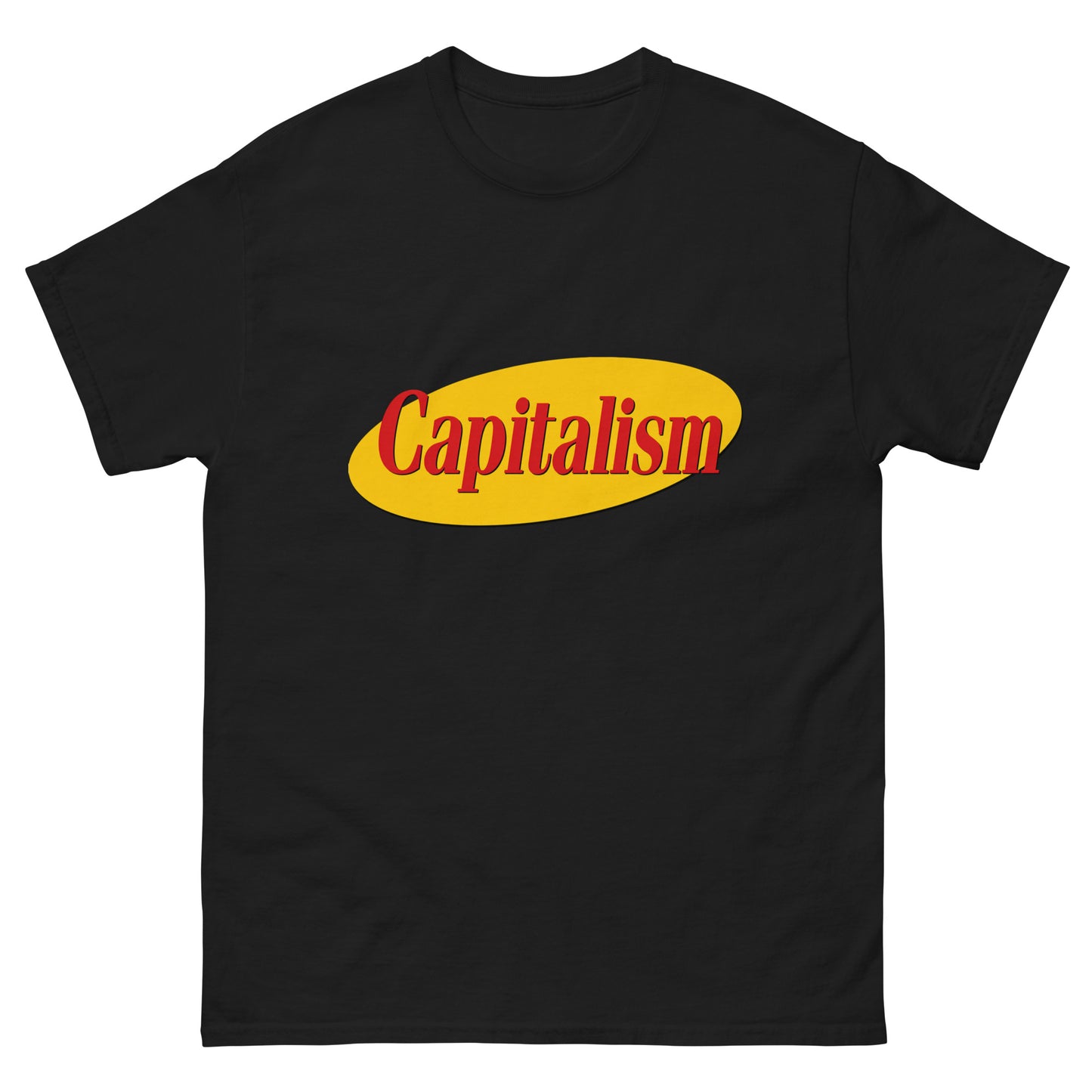 "Capitalism" in retro sitcom-style lettering on a unisex t-shirt