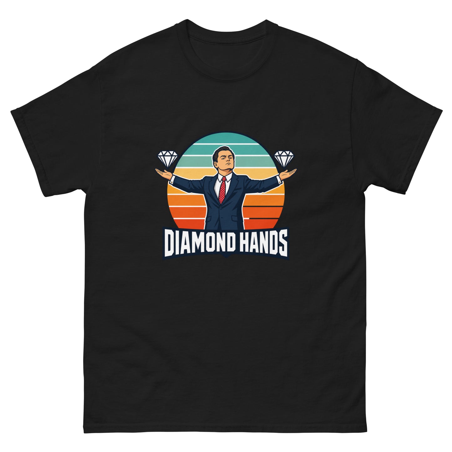 Diamond Hands unisex t-shirt with a Wolf of Wall Street style broker in a suit and polka-dot tie, arms outstretched with a diamond above each open palm on a retro striped arc