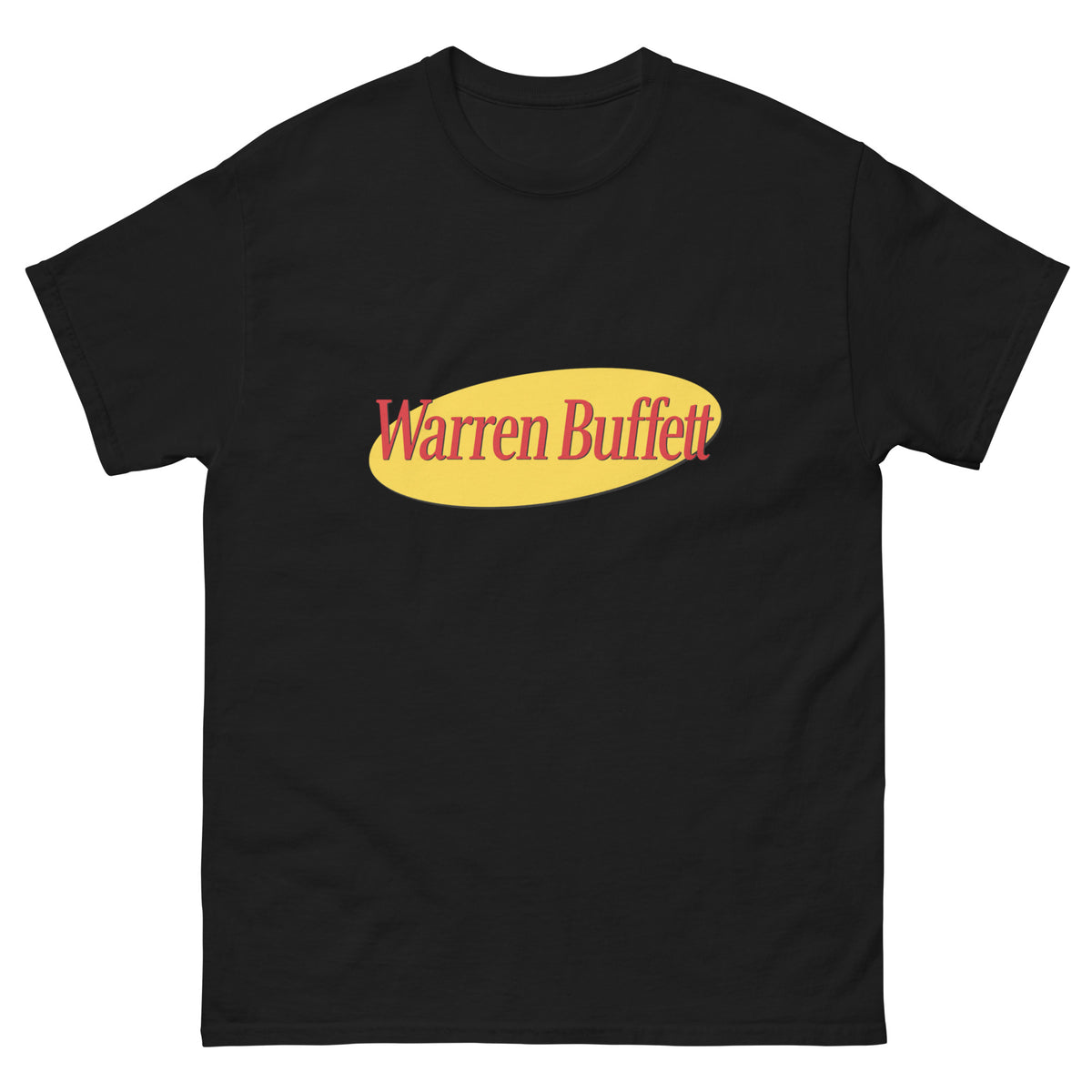 A t-shirt with a print on the chest depicting an oval shape containing the text Warren Buffett