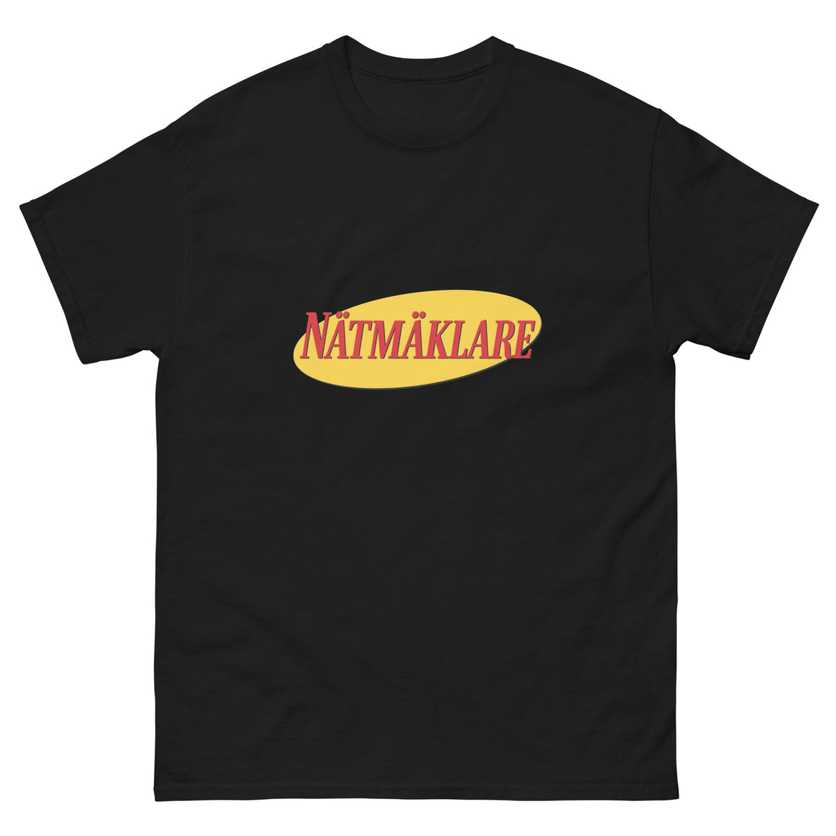 T-shirt med Nätmäklare-logga i röd retrotext på gul oval
