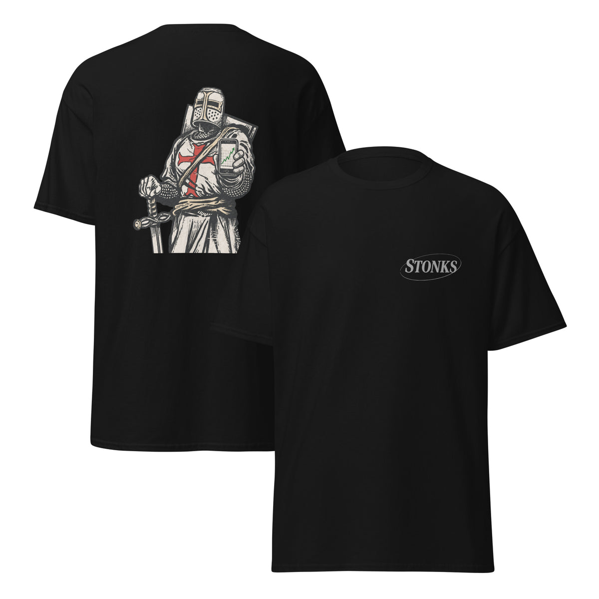 Unisex t-shirt featuring a woodcut-style crusader knight illustration holding a smartphone showing a rising stock chart