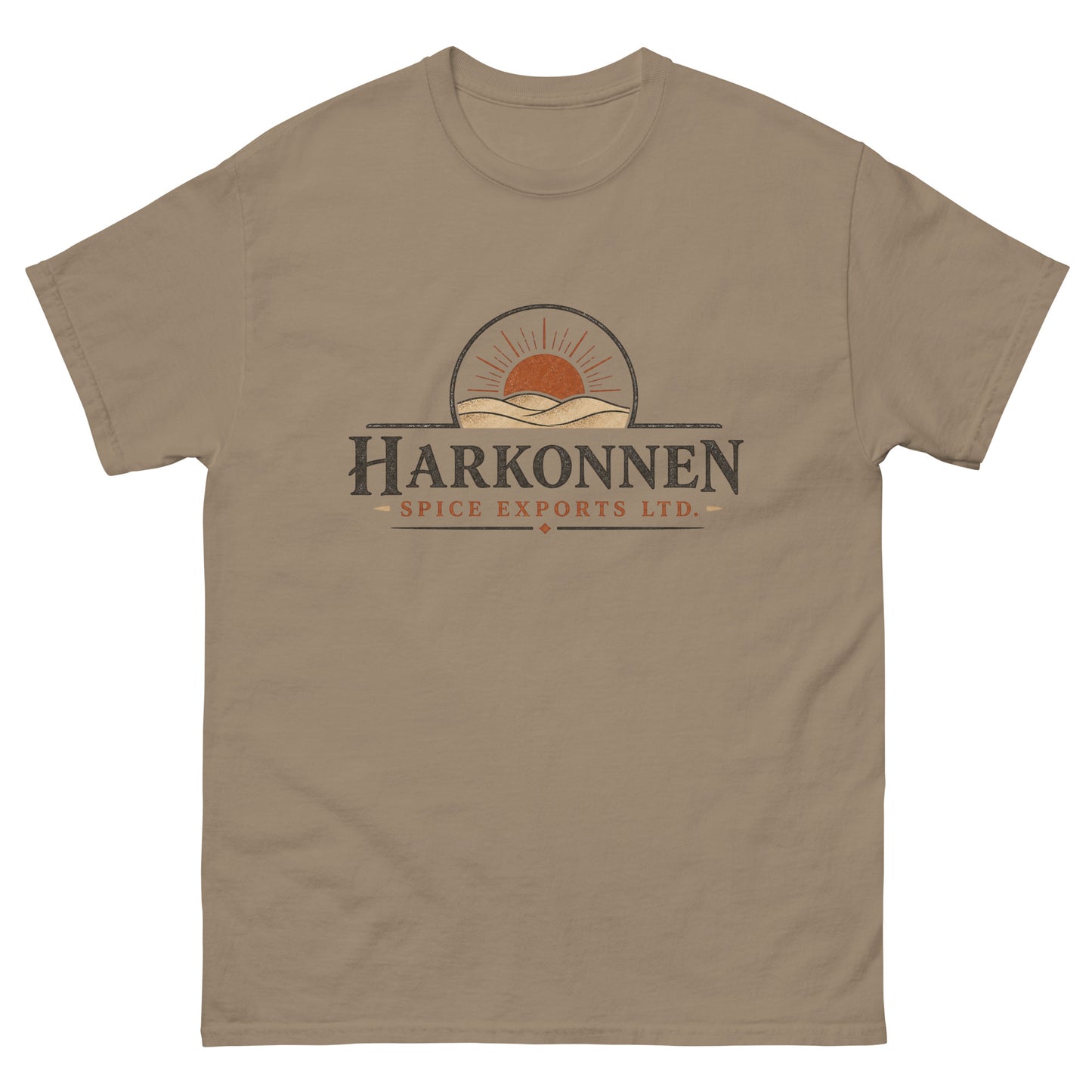 Unisex tee with a vintage engraved logo of a sun rising over desert dunes above serif lettering for a fictional spice export company