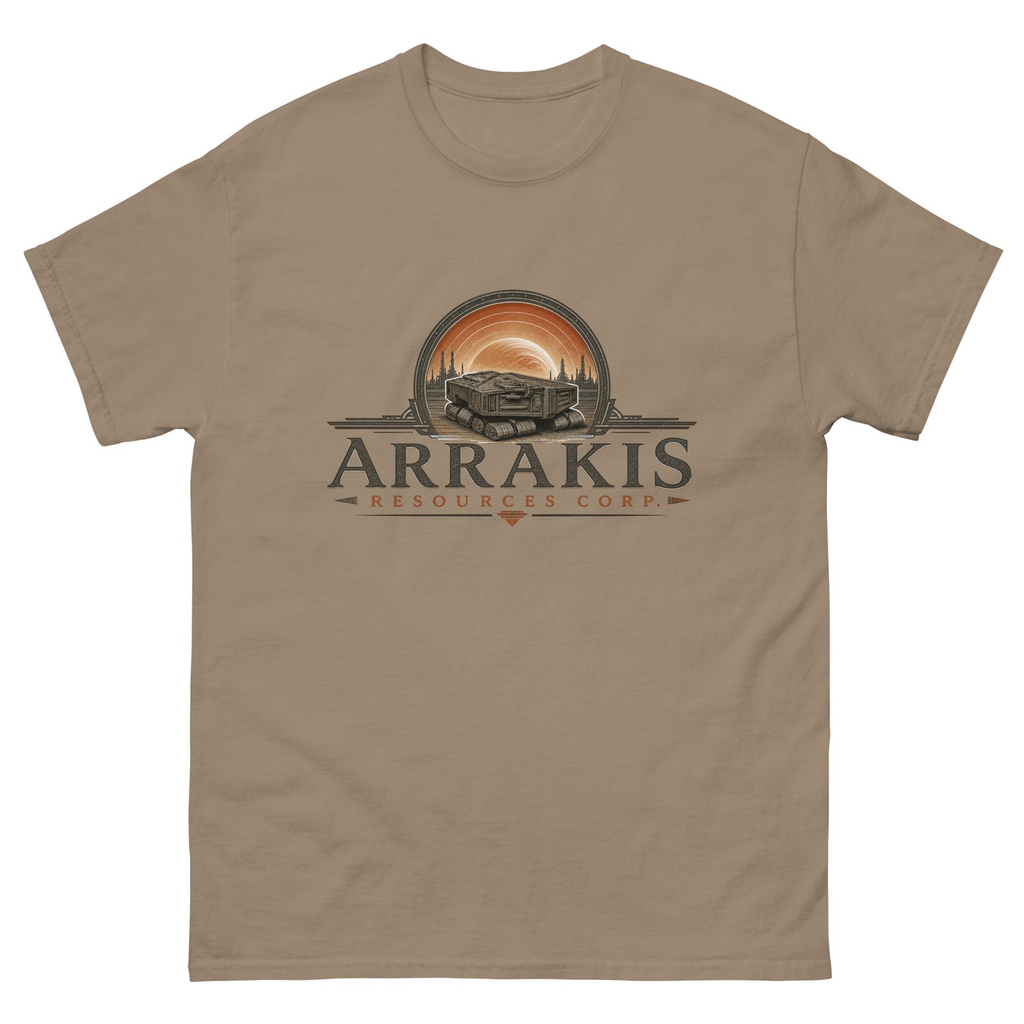 Unisex tee with an engraved industrial logo of a tracked mining crawler in front of a planet and refinery towers above serif lettering reading Arrakis Resources Corp