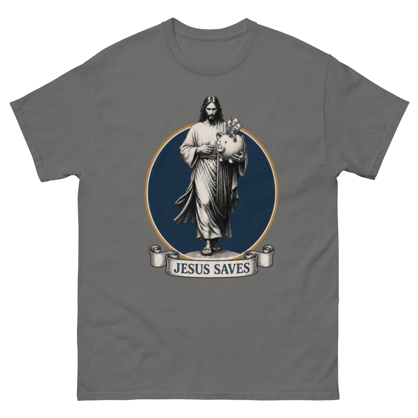 "Jesus Saves Big Print" engraving-style savings-pun unisex t-shirt