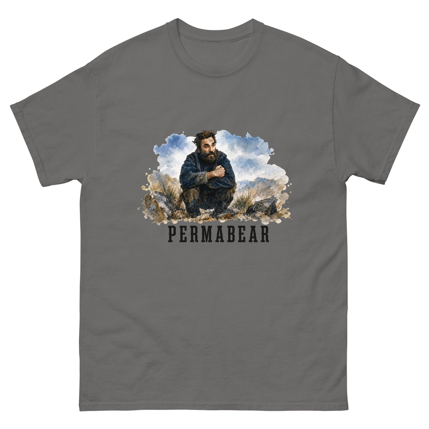 Unisex t-shirt with weathered illustration of a bearded man and Permabear text design