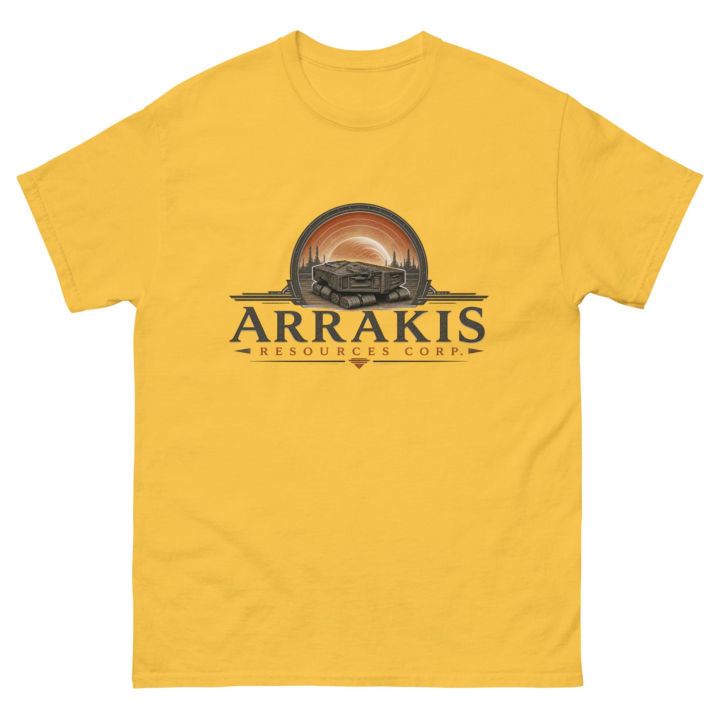 Unisex tee with an engraved industrial logo of a tracked mining crawler in front of a planet and refinery towers above serif lettering reading Arrakis Resources Corp