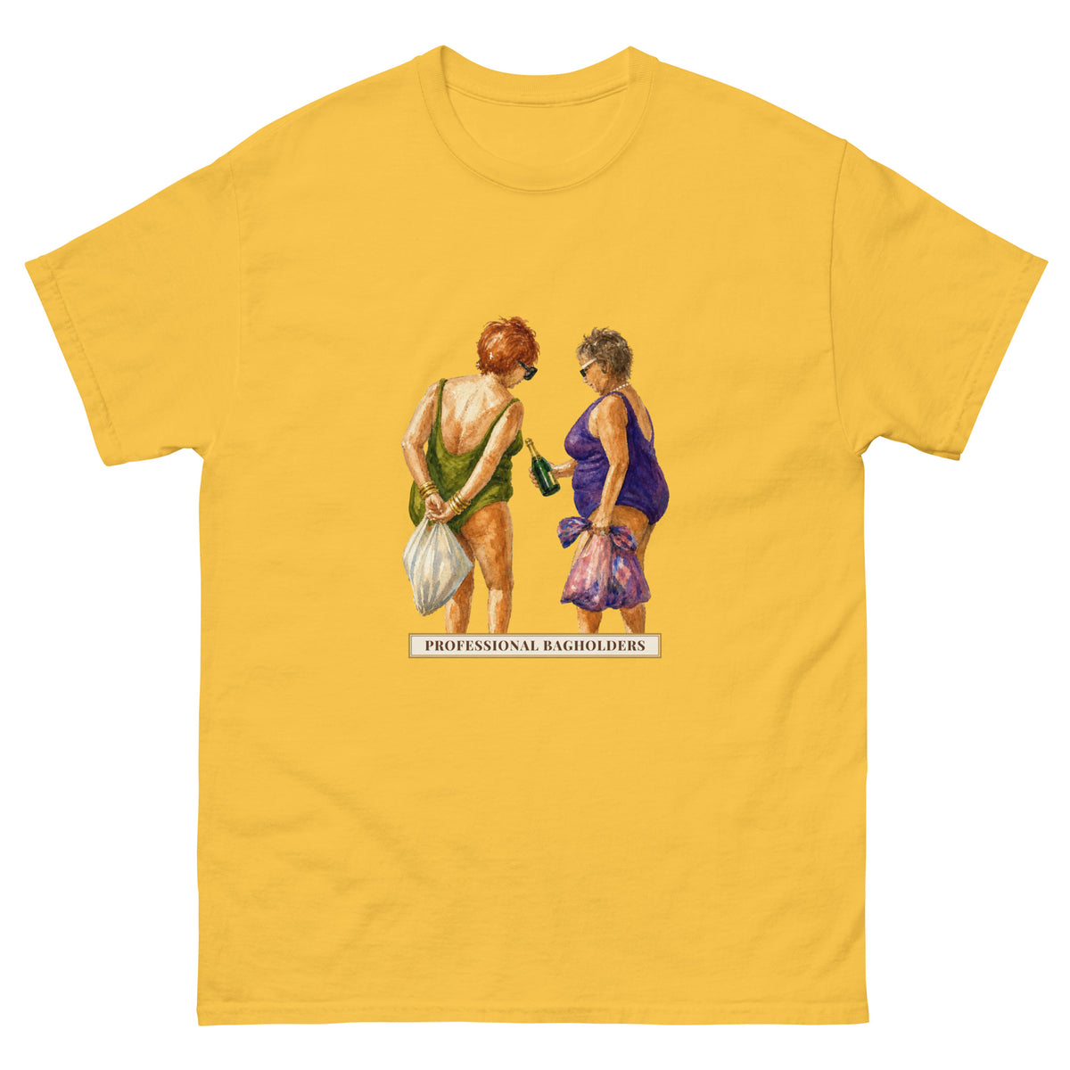 Professional Bagholders t-shirt with a watercolour of two older women in swimsuits holding plastic bags and a champagne bottle above a vintage title sign