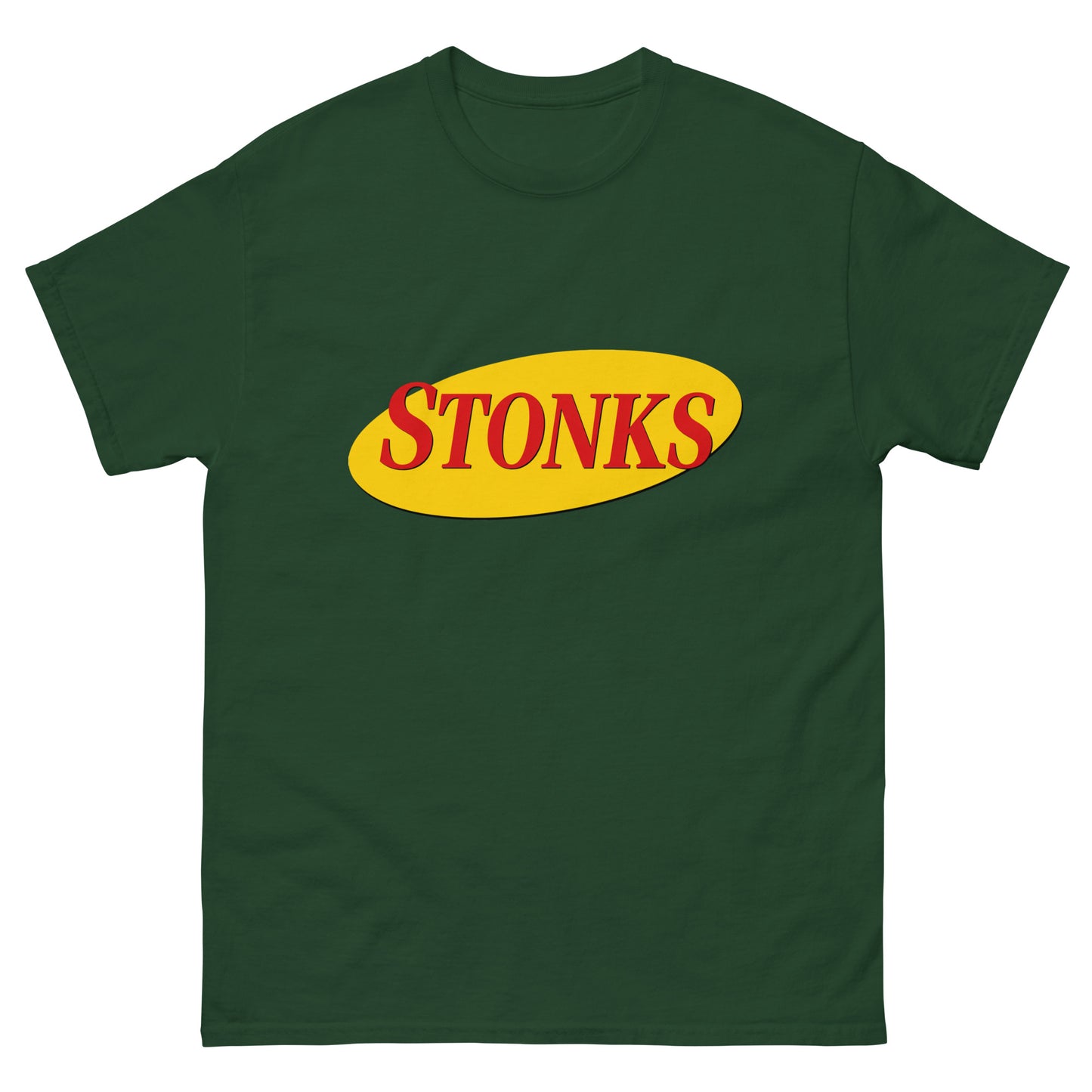 "STONKS" printed in Seinfeld-style lettering on a unisex cotton t-shirt