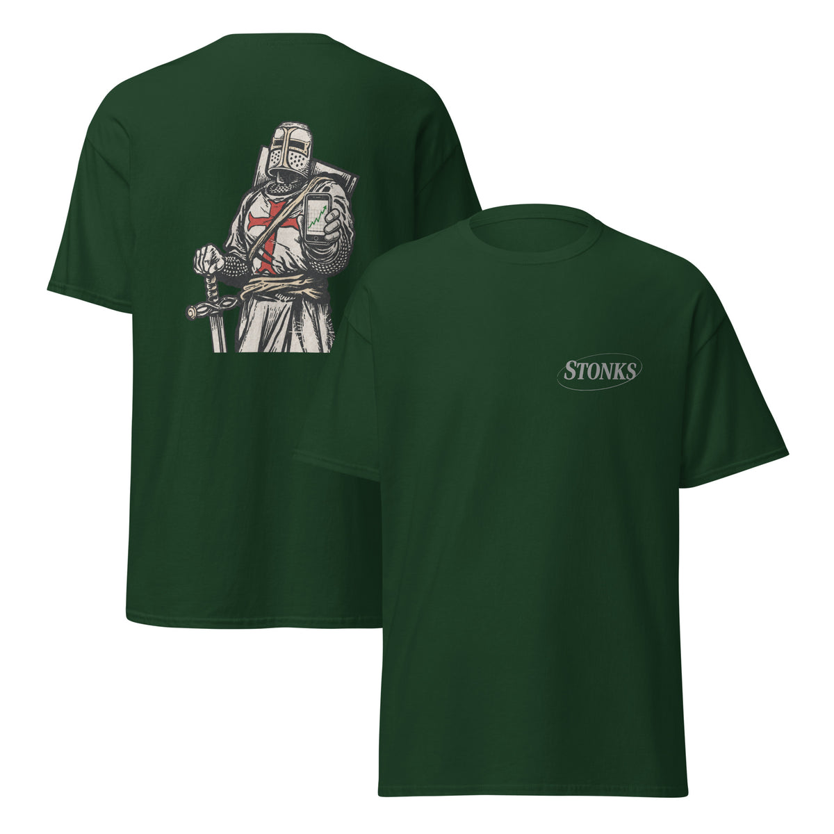 Unisex t-shirt featuring a woodcut-style crusader knight illustration holding a smartphone showing a rising stock chart