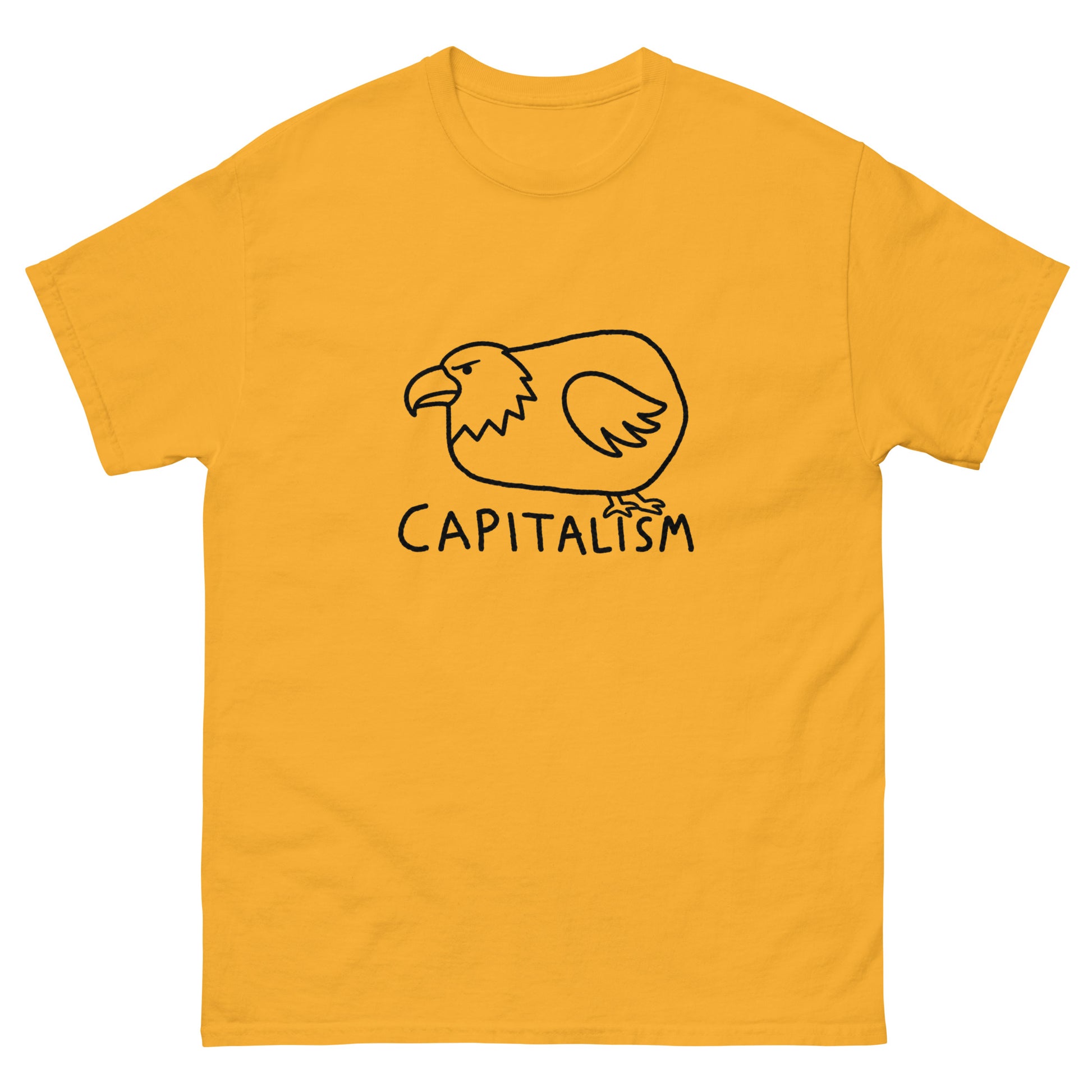 Chubby cartoon bald eagle illustration with "Capitalism" text on a unisex t-shirt
