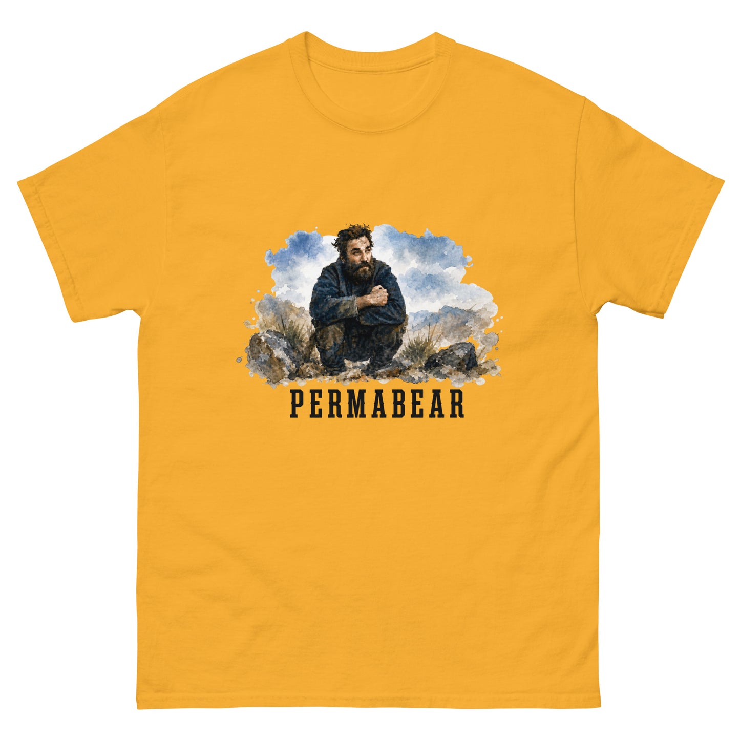 Unisex t-shirt with weathered illustration of a bearded man and Permabear text design