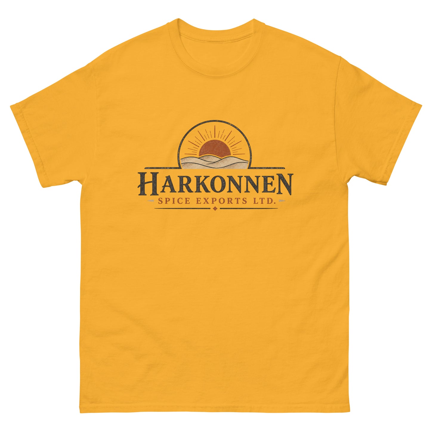 Unisex tee with a vintage engraved logo of a sun rising over desert dunes above serif lettering for a fictional spice export company