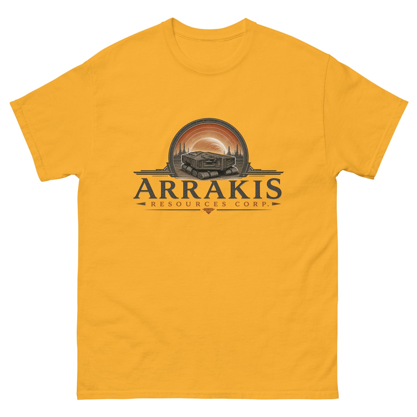 Unisex tee with an engraved industrial logo of a tracked mining crawler in front of a planet and refinery towers above serif lettering reading Arrakis Resources Corp