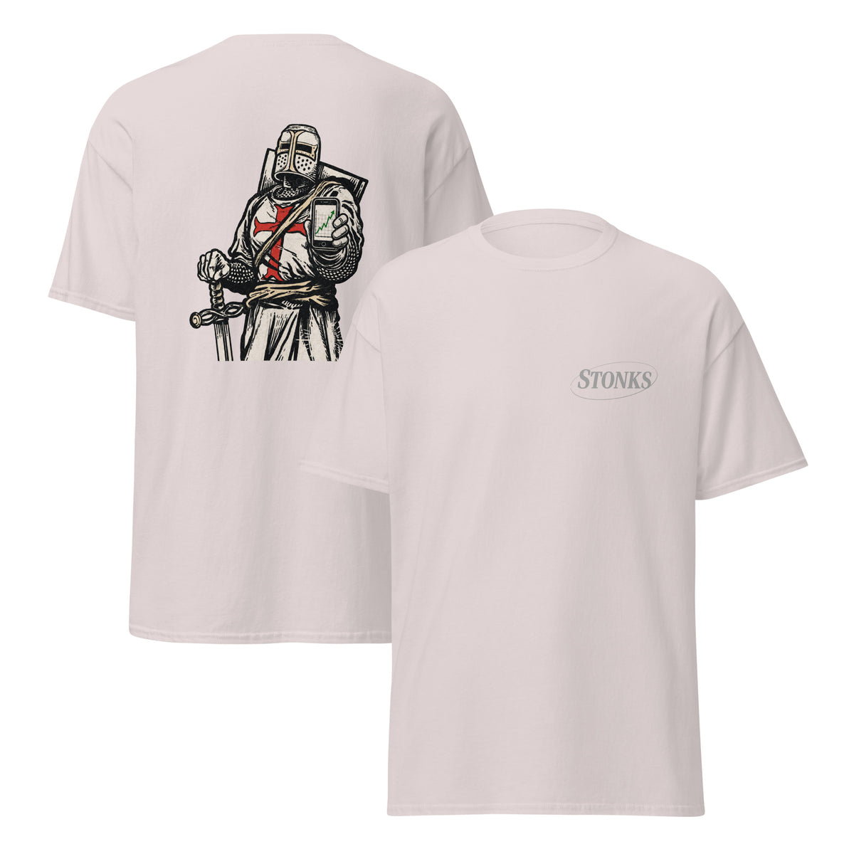 Unisex t-shirt featuring a woodcut-style crusader knight illustration holding a smartphone showing a rising stock chart