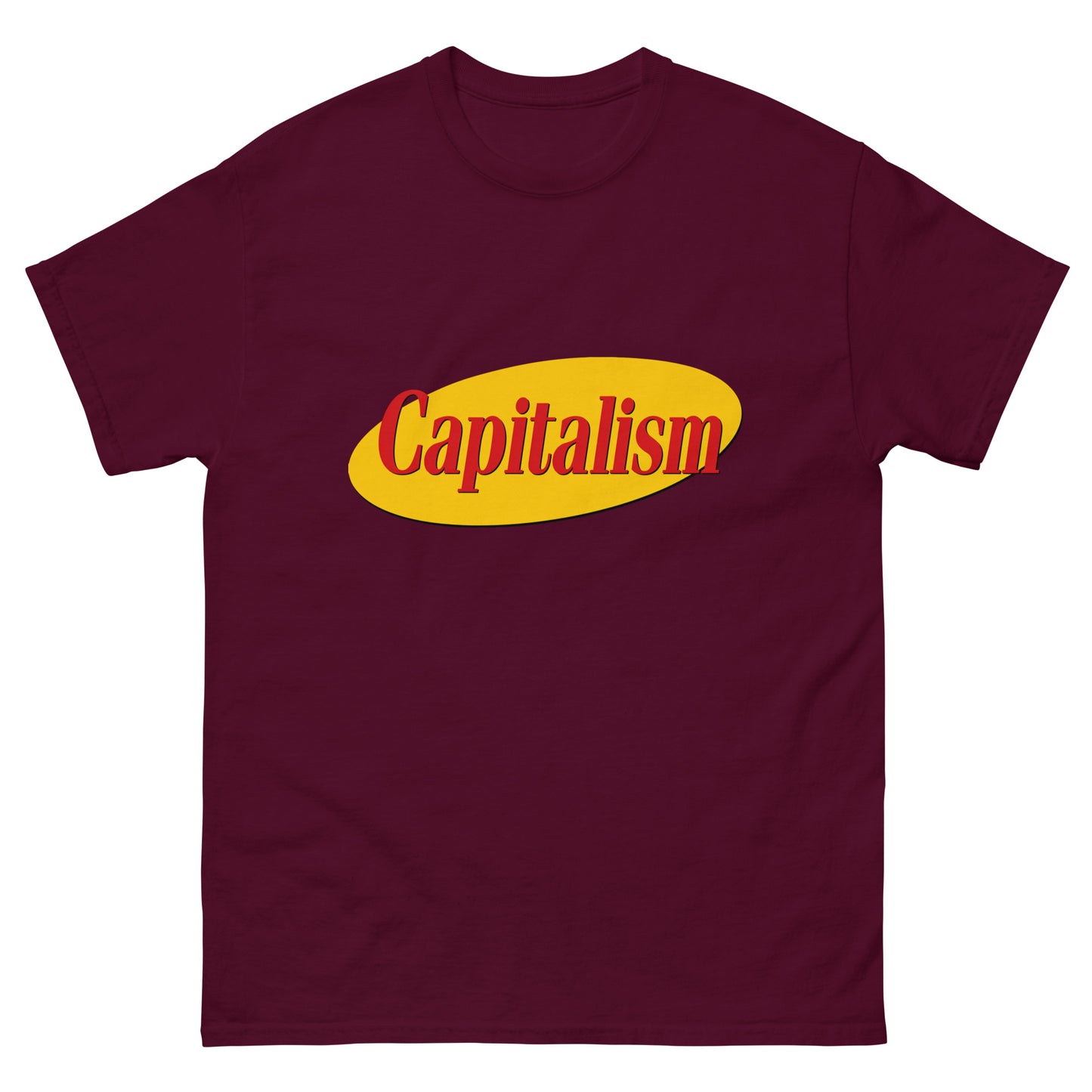 "Capitalism" in retro sitcom-style lettering on a unisex t-shirt