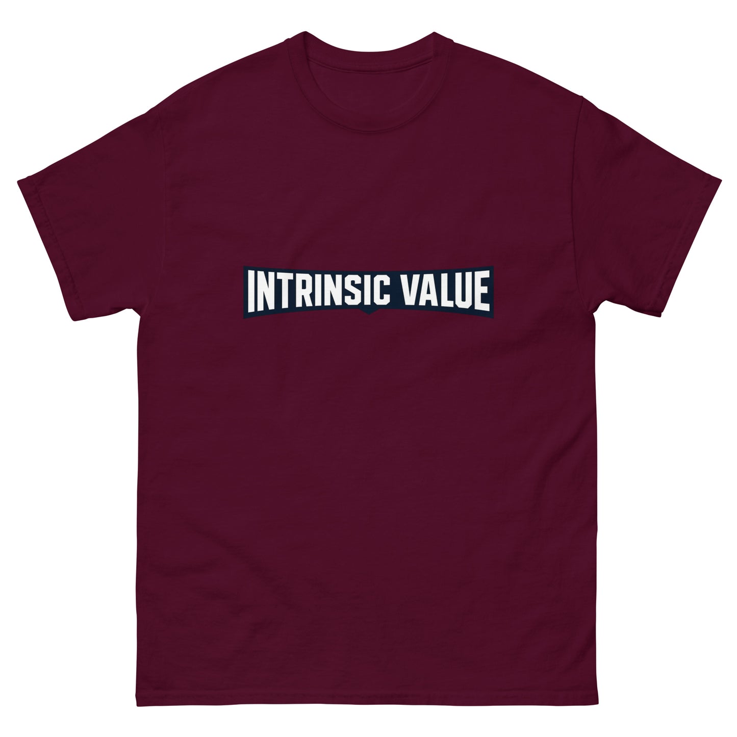 Unisex t-shirt with an arched varsity-style Intrinsic Value wordmark for value investors