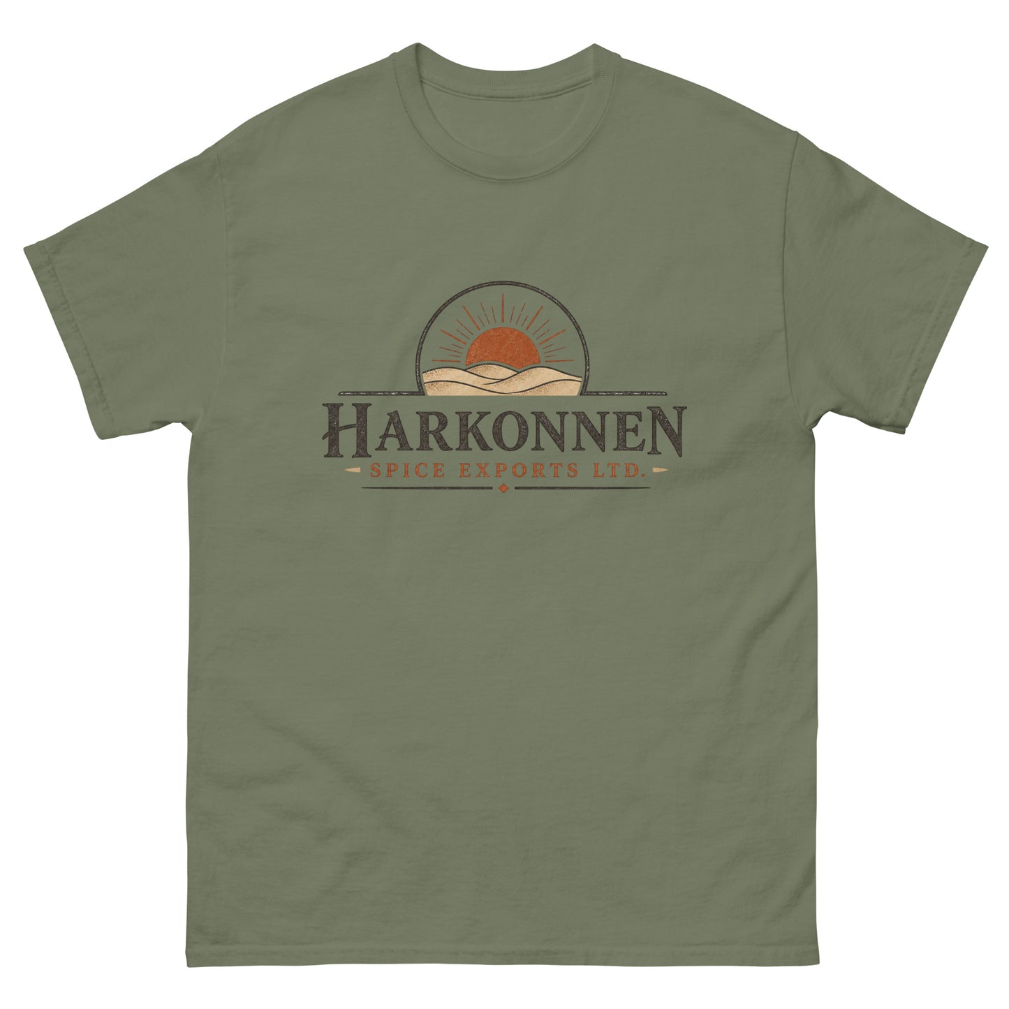 Unisex tee with a vintage engraved logo of a sun rising over desert dunes above serif lettering for a fictional spice export company