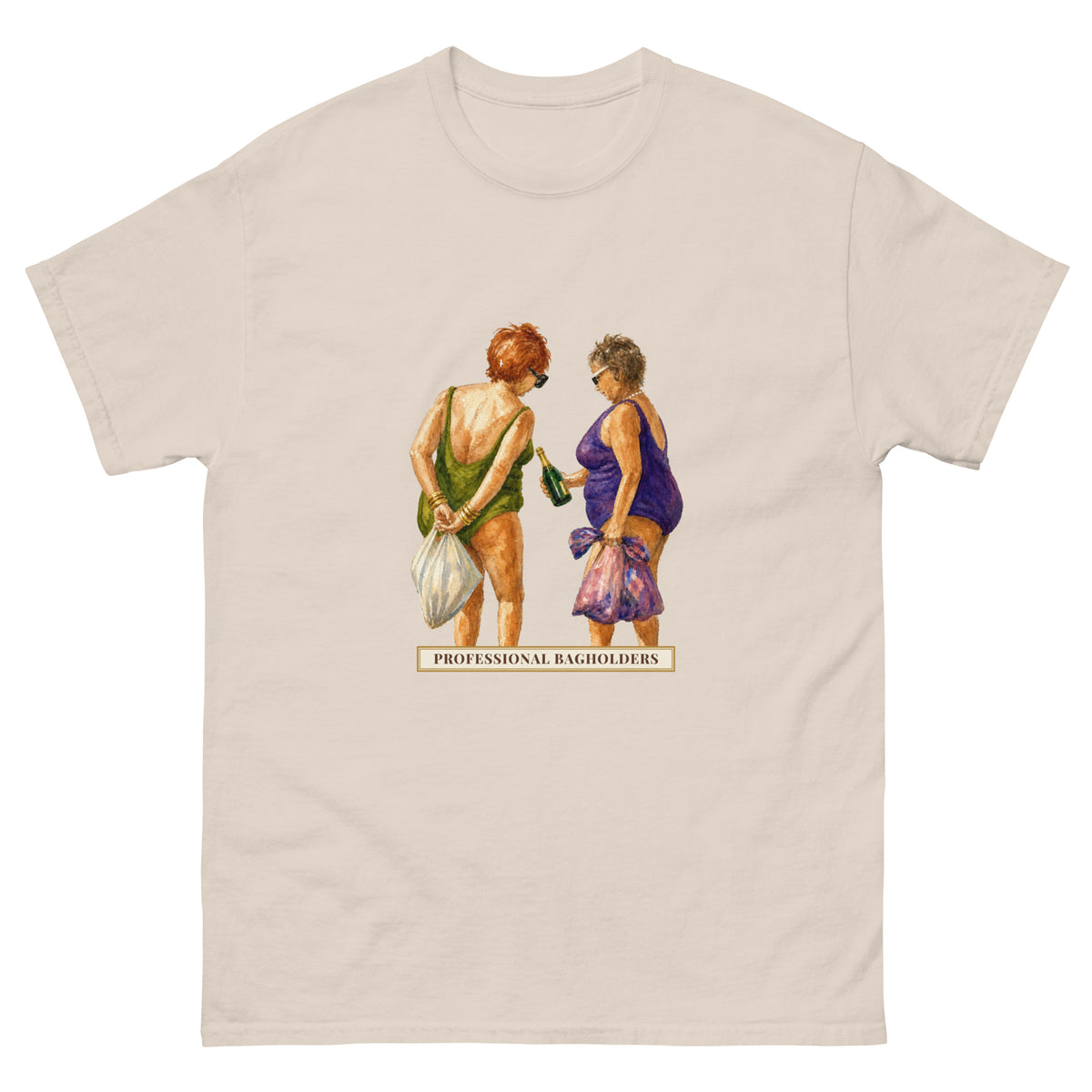 Professional Bagholders t-shirt with a watercolour of two older women in swimsuits holding plastic bags and a champagne bottle above a vintage title sign