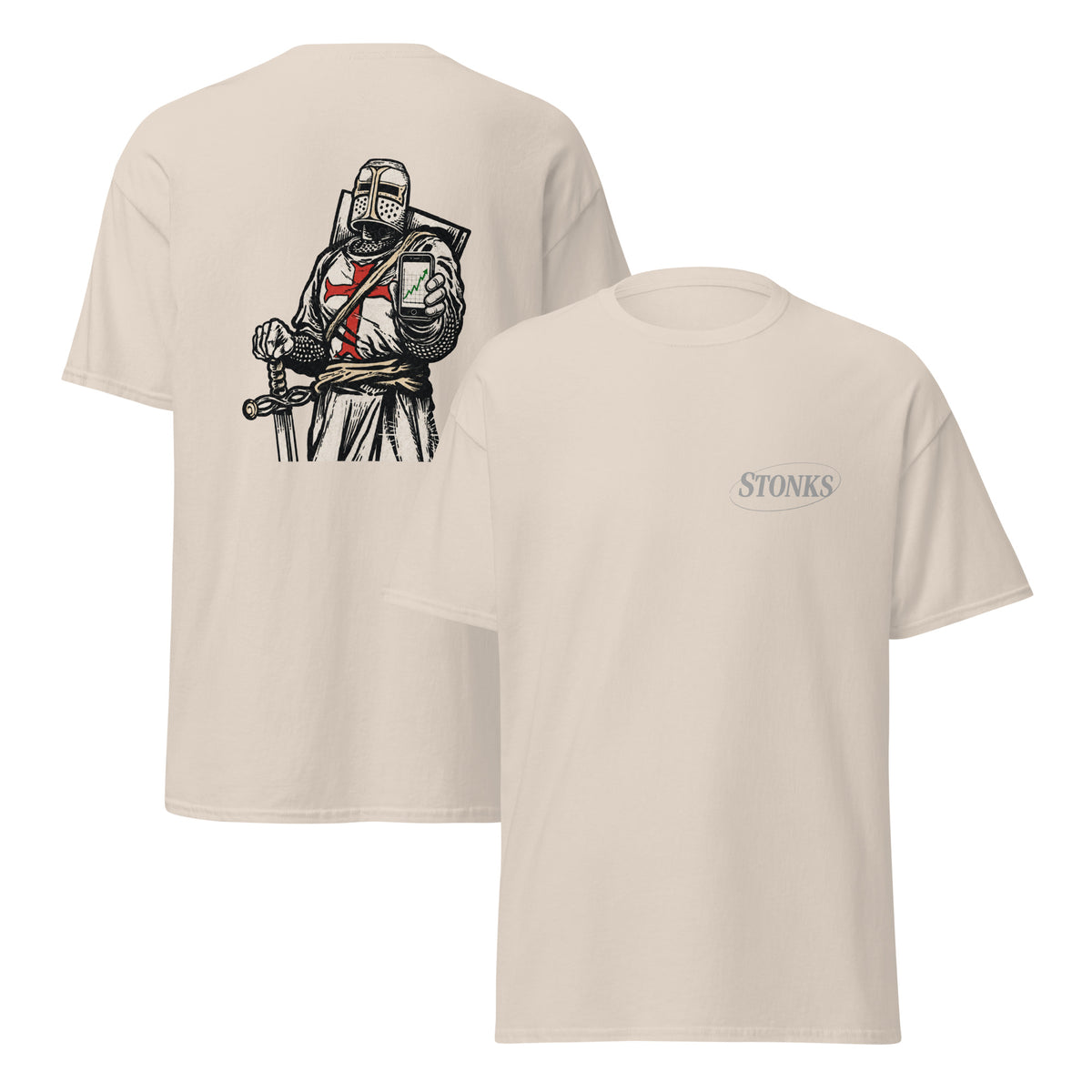 Unisex t-shirt featuring a woodcut-style crusader knight illustration holding a smartphone showing a rising stock chart