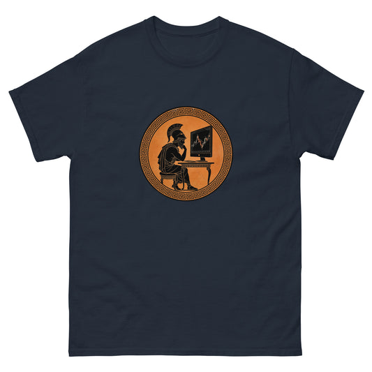 "The Antique Investor" Greek-pottery-style trader studying a stock chart, unisex t-shirt