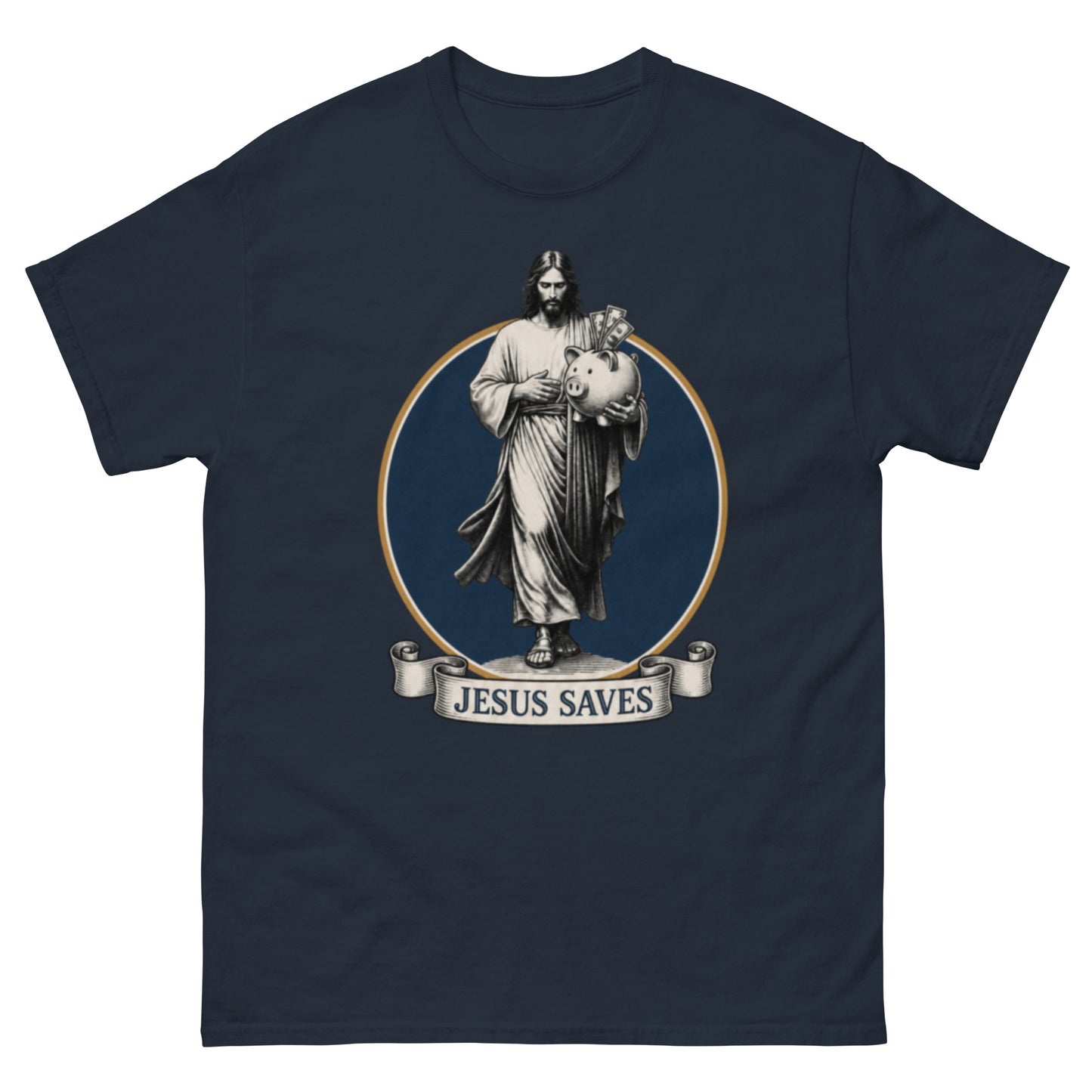 "Jesus Saves Big Print" engraving-style savings-pun unisex t-shirt