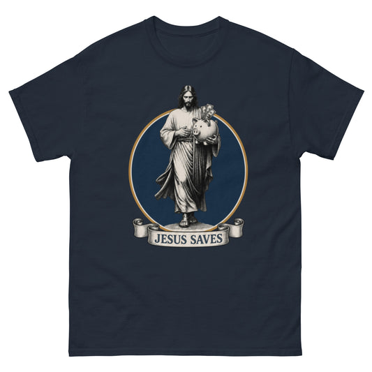 "Jesus Saves Big Print" engraving-style savings-pun unisex t-shirt