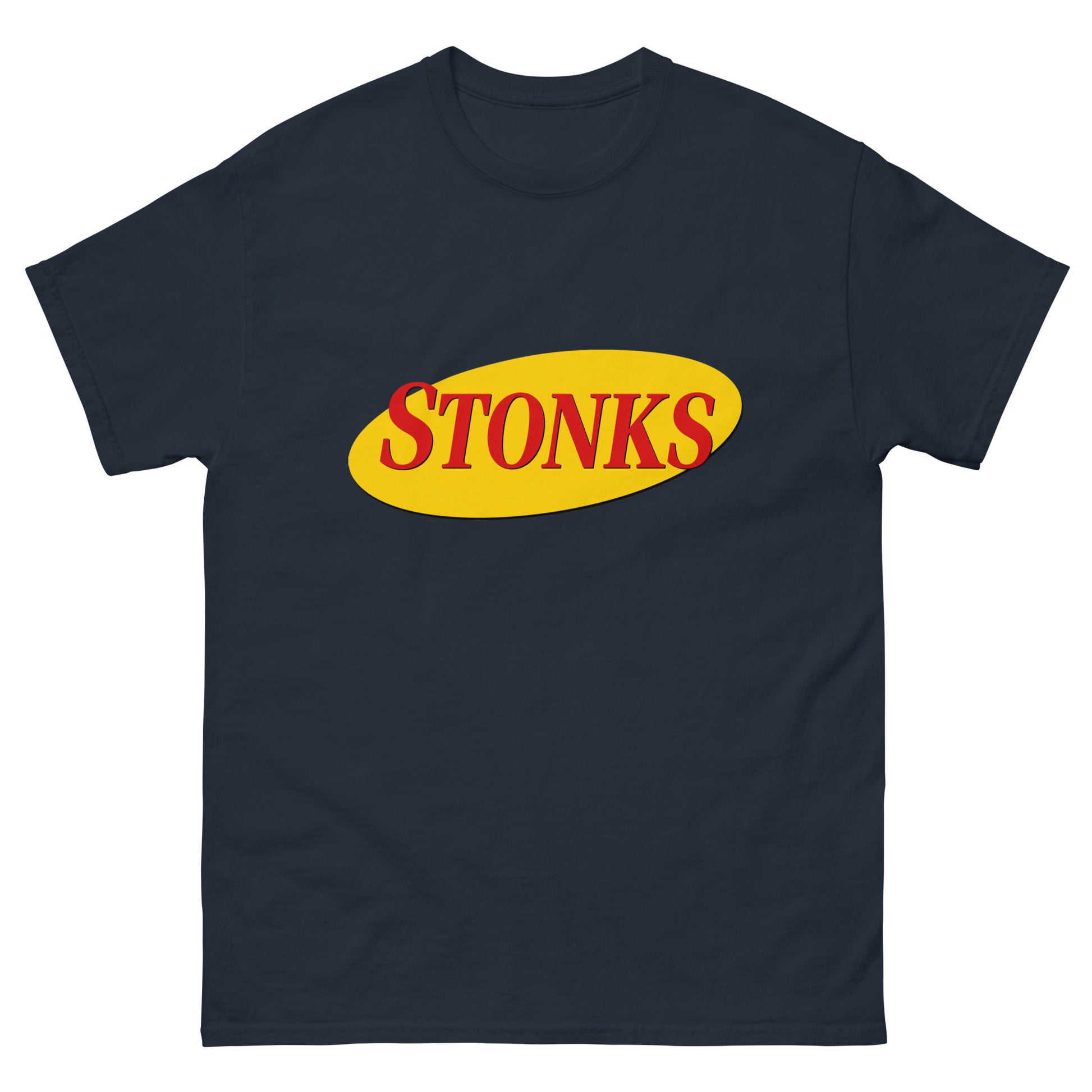 "STONKS" printed in Seinfeld-style lettering on a unisex cotton t-shirt