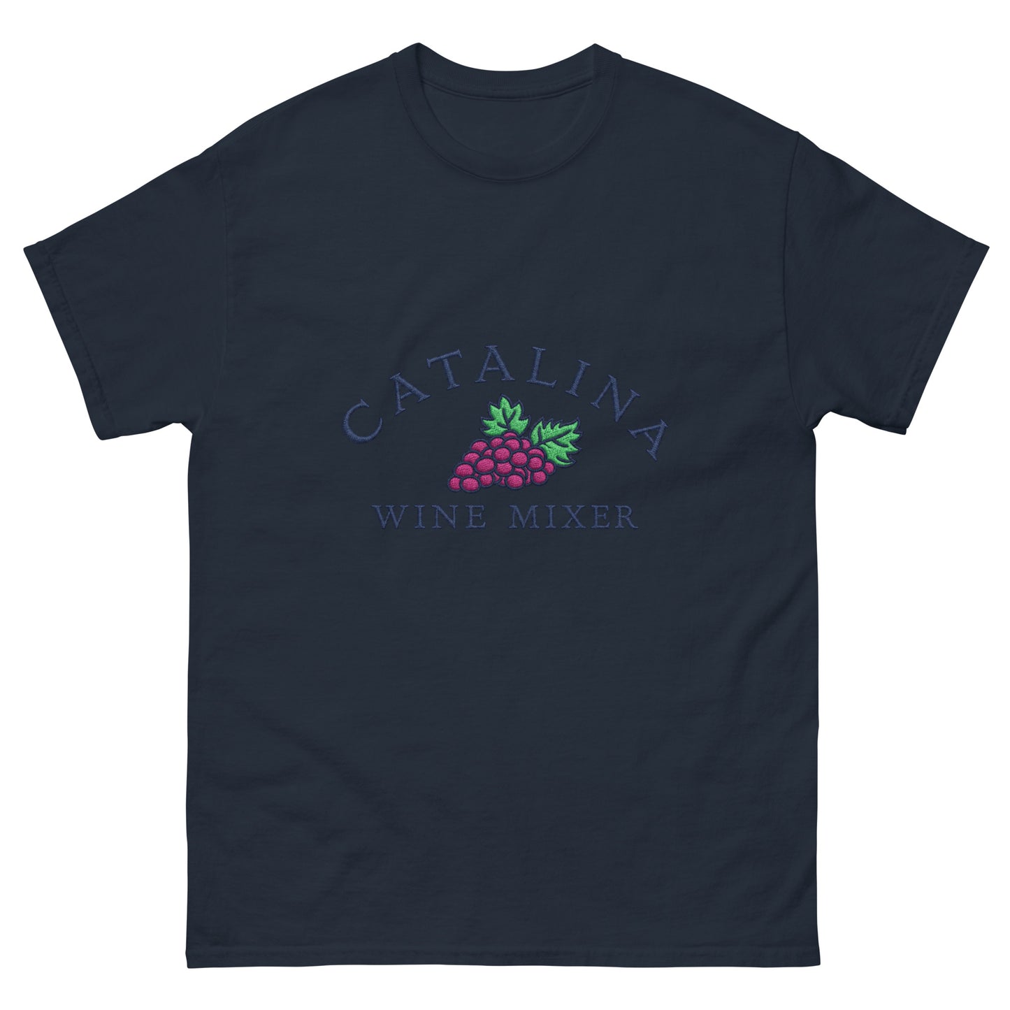 "Catalina Wine Mixer" embroidered-style grape crest on a unisex tee