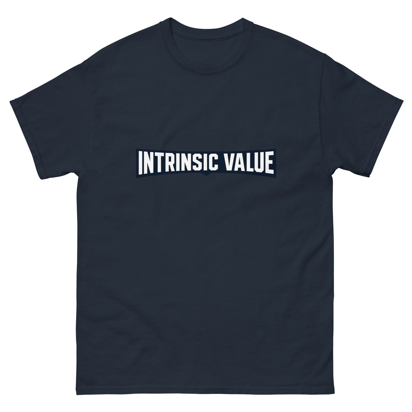 Unisex t-shirt with an arched varsity-style Intrinsic Value wordmark for value investors