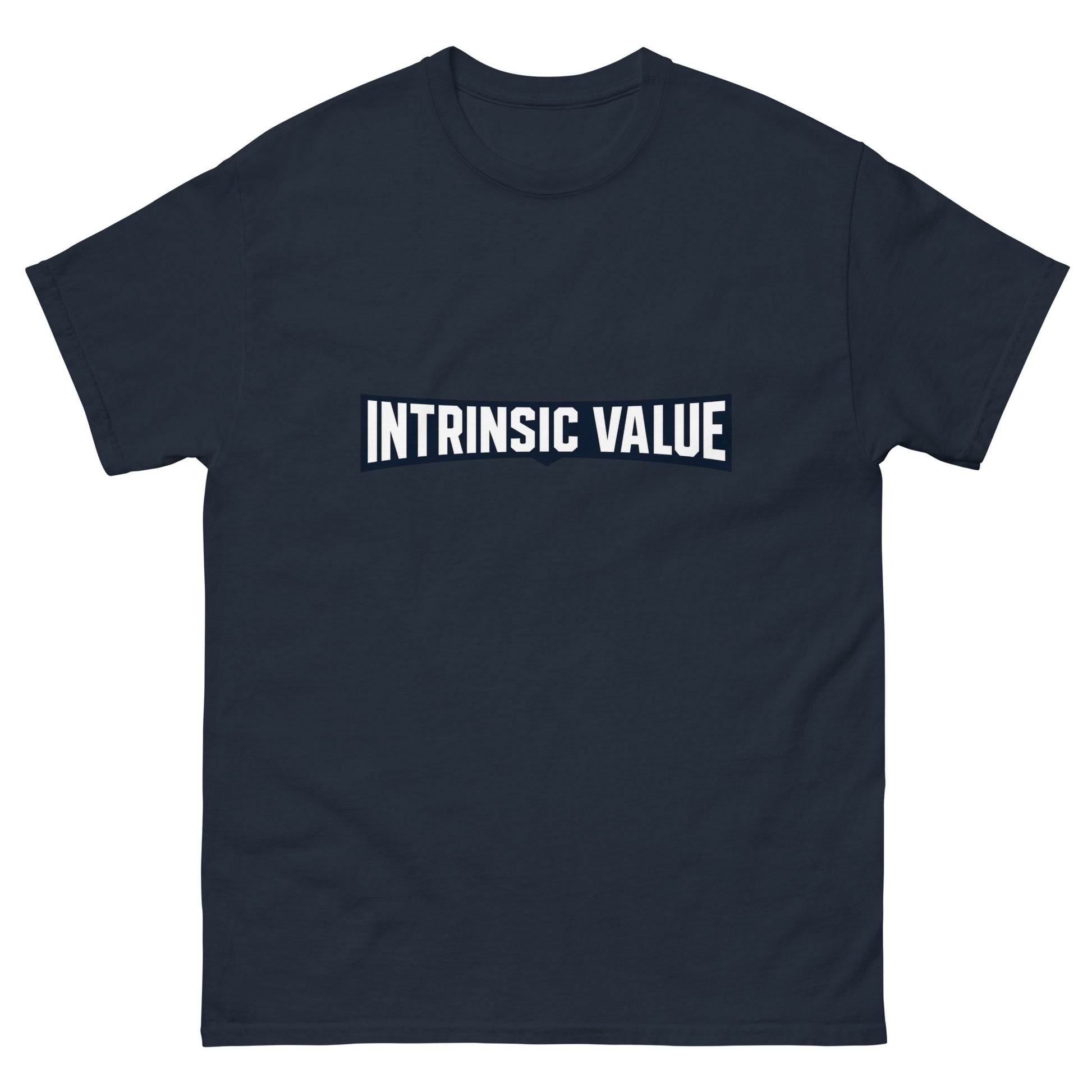 Unisex t-shirt with an arched varsity-style Intrinsic Value wordmark for value investors