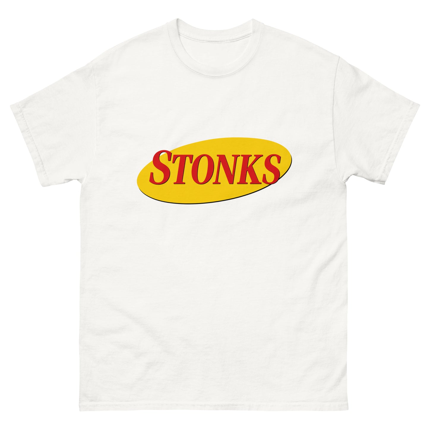 "STONKS" printed in Seinfeld-style lettering on a unisex cotton t-shirt