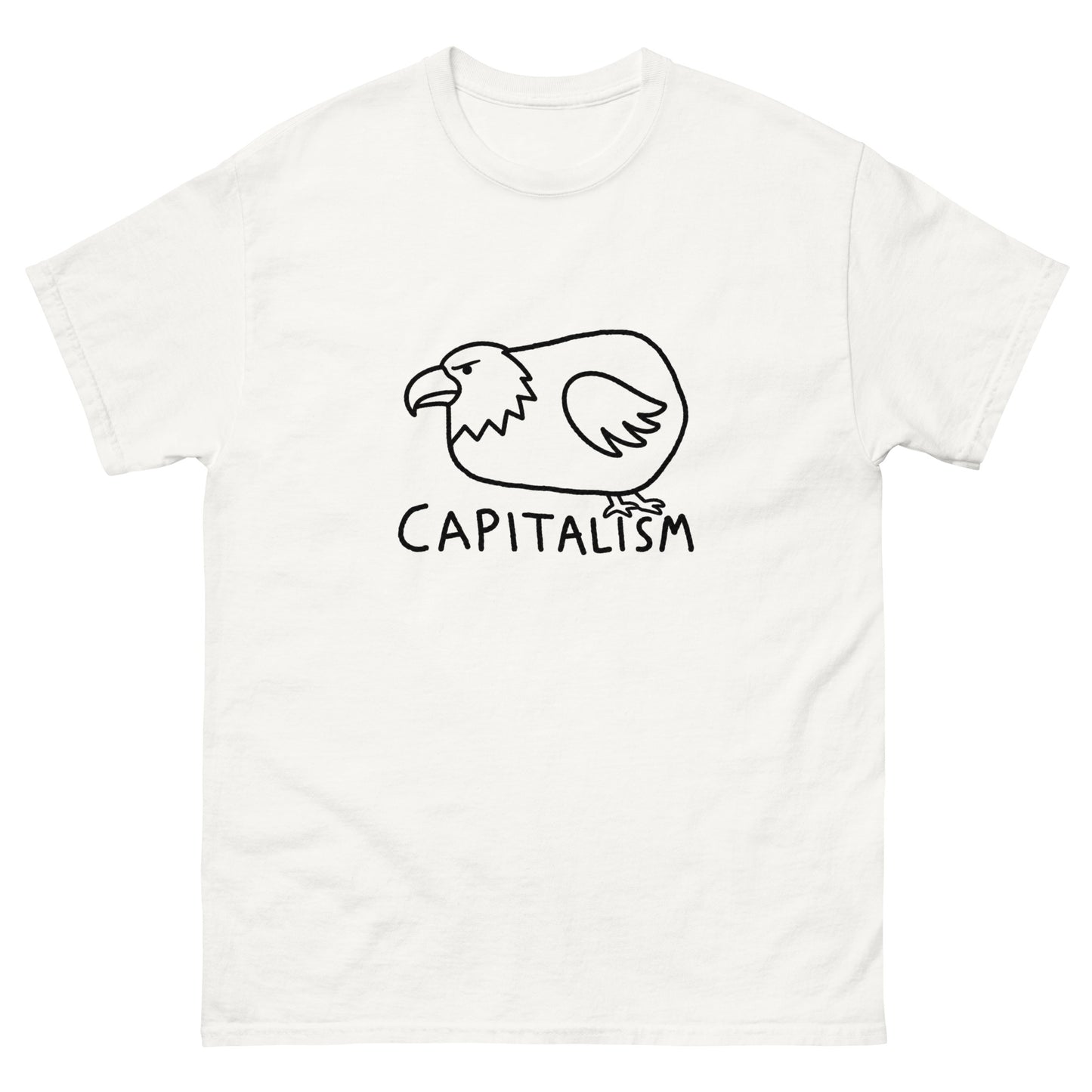 Chubby cartoon bald eagle illustration with "Capitalism" text on a unisex t-shirt