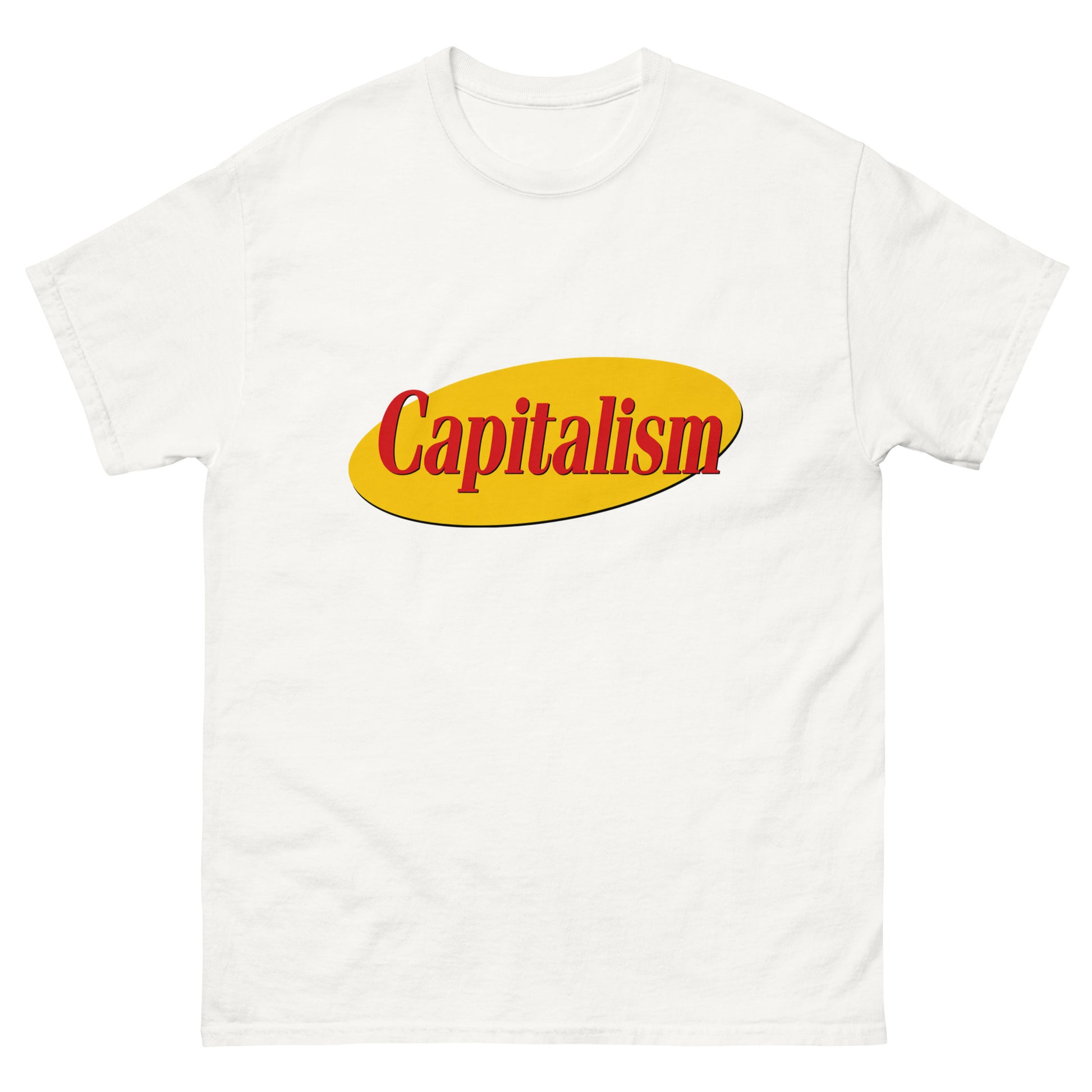 "Capitalism" in retro sitcom-style lettering on a unisex t-shirt