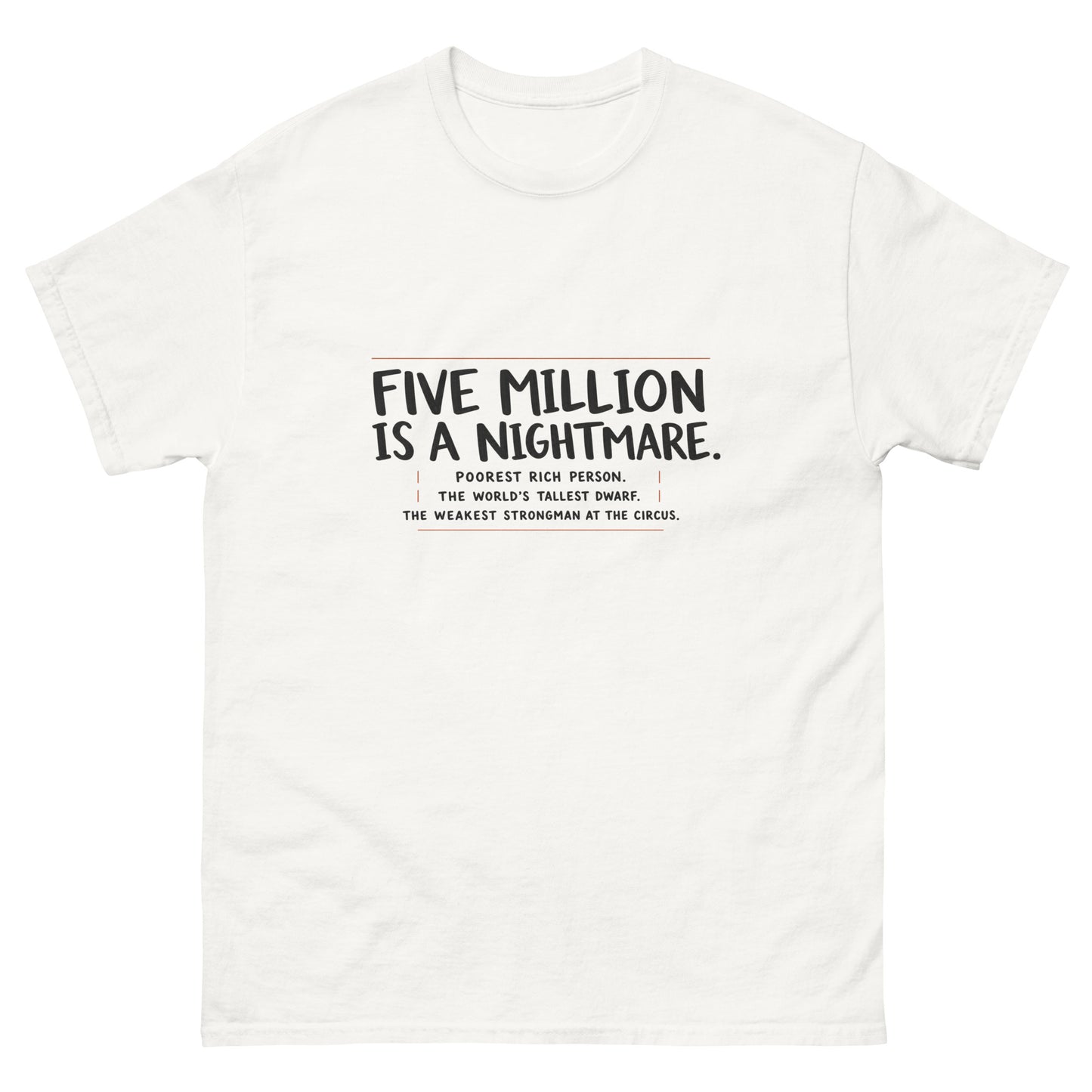 "Five million is a nightmare" quote text on a unisex t-shirt