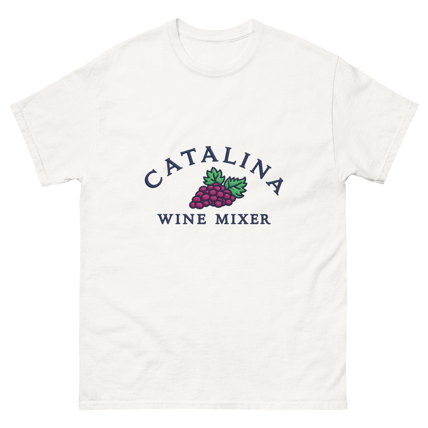 "Catalina Wine Mixer" embroidered-style grape crest on a unisex tee