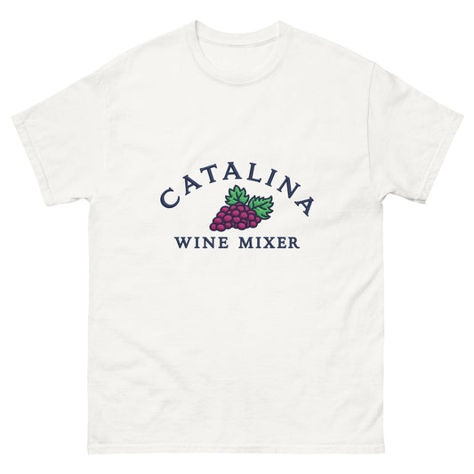 "Catalina Wine Mixer" embroidered-style grape crest on a unisex tee
