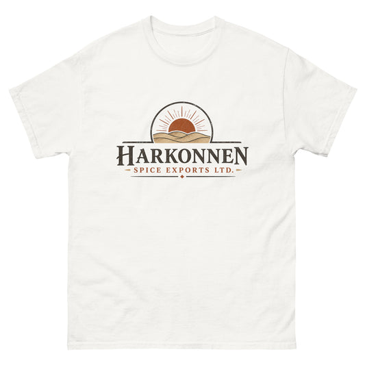 Unisex tee with a vintage engraved logo of a sun rising over desert dunes above serif lettering for a fictional spice export company