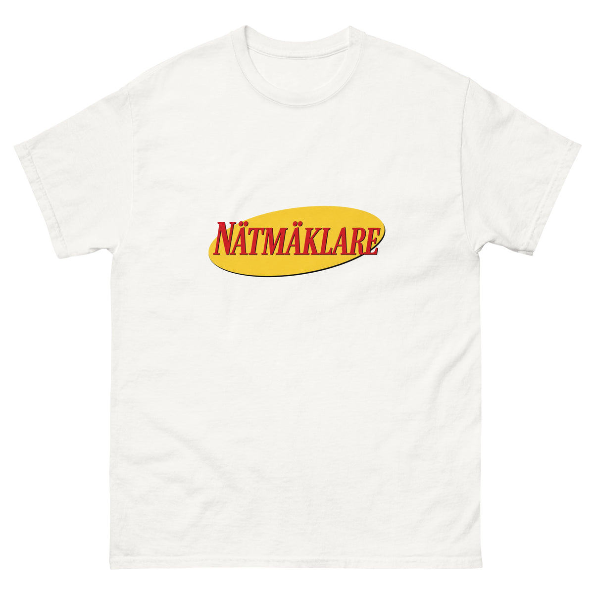 T-shirt med Nätmäklare-logga i röd retrotext på gul oval