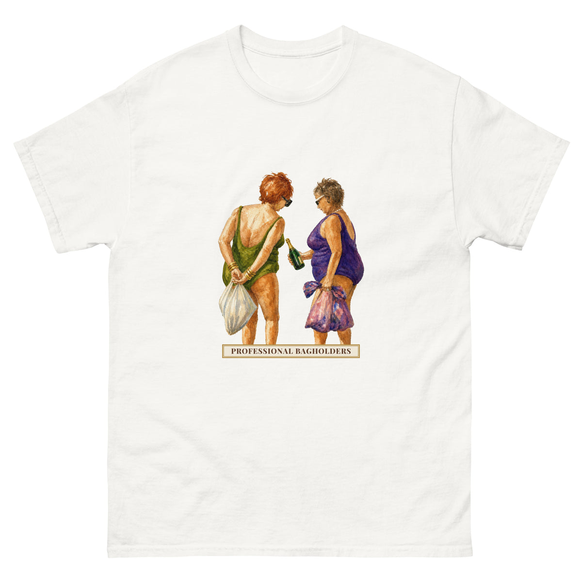 Professional Bagholders t-shirt with a watercolour of two older women in swimsuits holding plastic bags and a champagne bottle above a vintage title sign