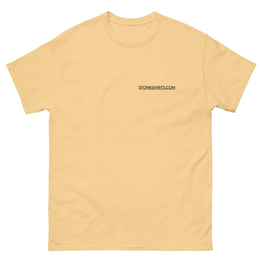Unisex t-shirt with Step Brothers back print of Brennan and Dale pointing, with the quote Good looking? Possibly you! and a small Stonkshirts chest print